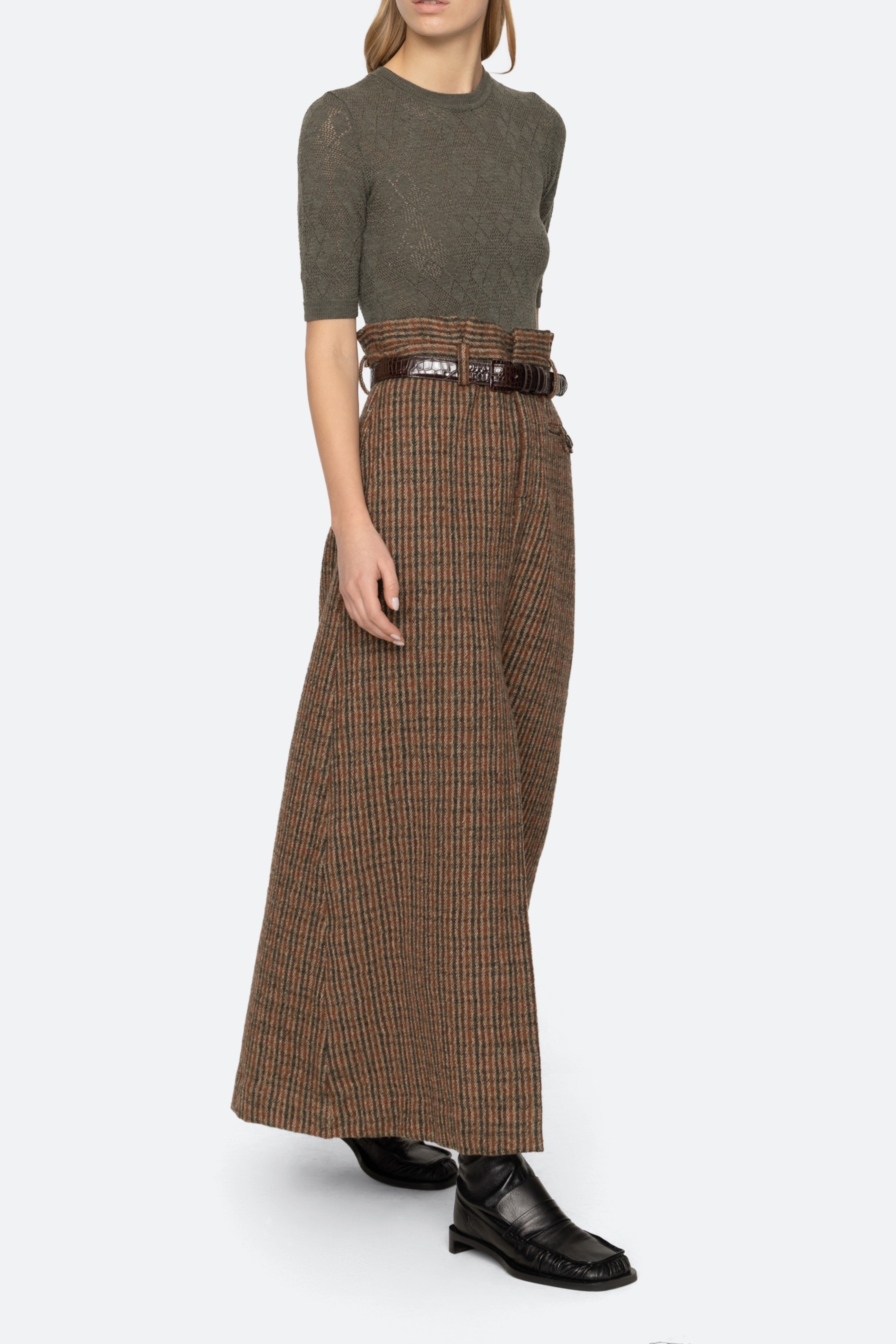 Julia Plaid Wool Midi Skirt W/ Belt