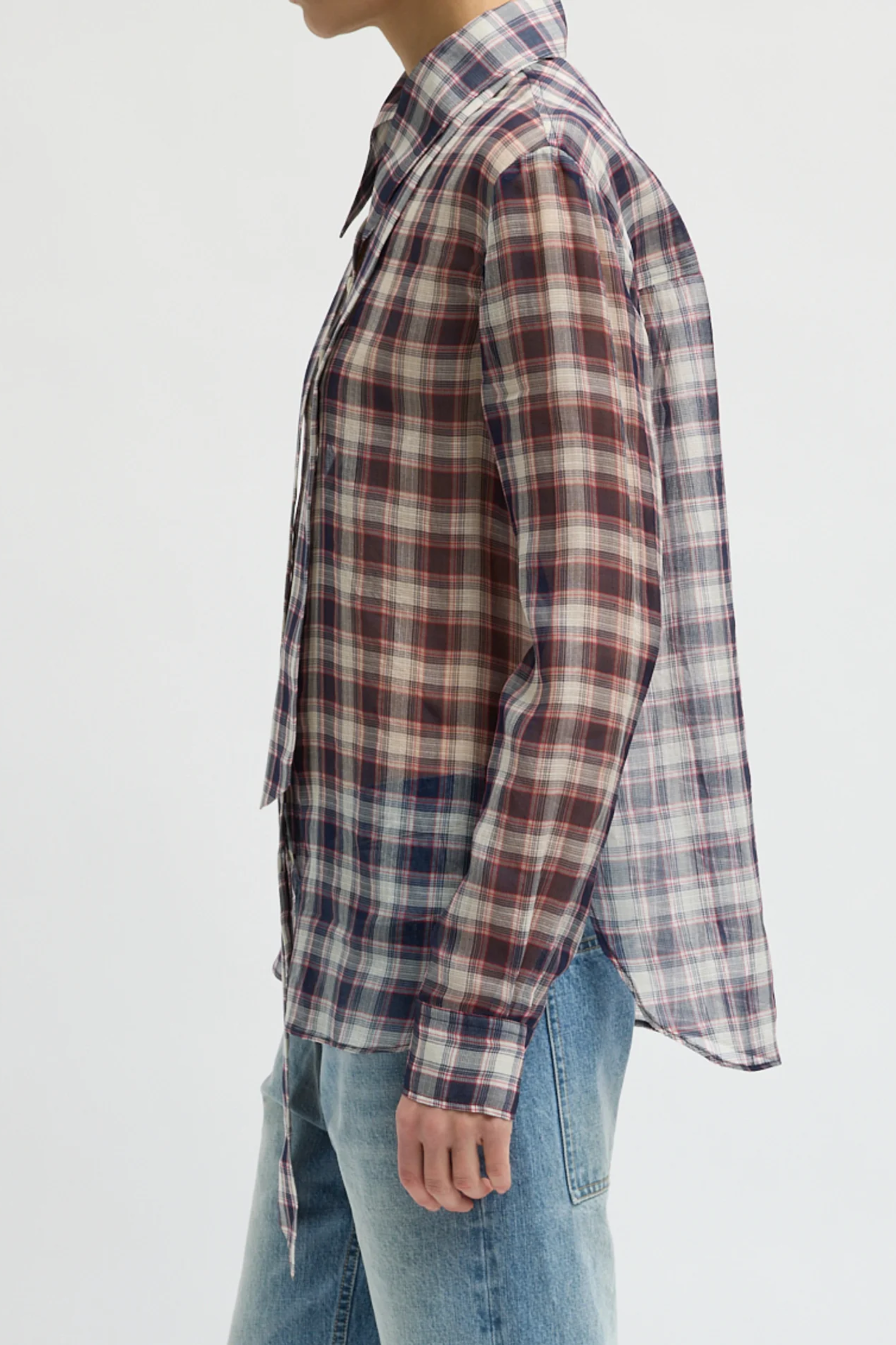 Silk Cotton Plaid Blouse With Removable Tie - Black/Red Multi