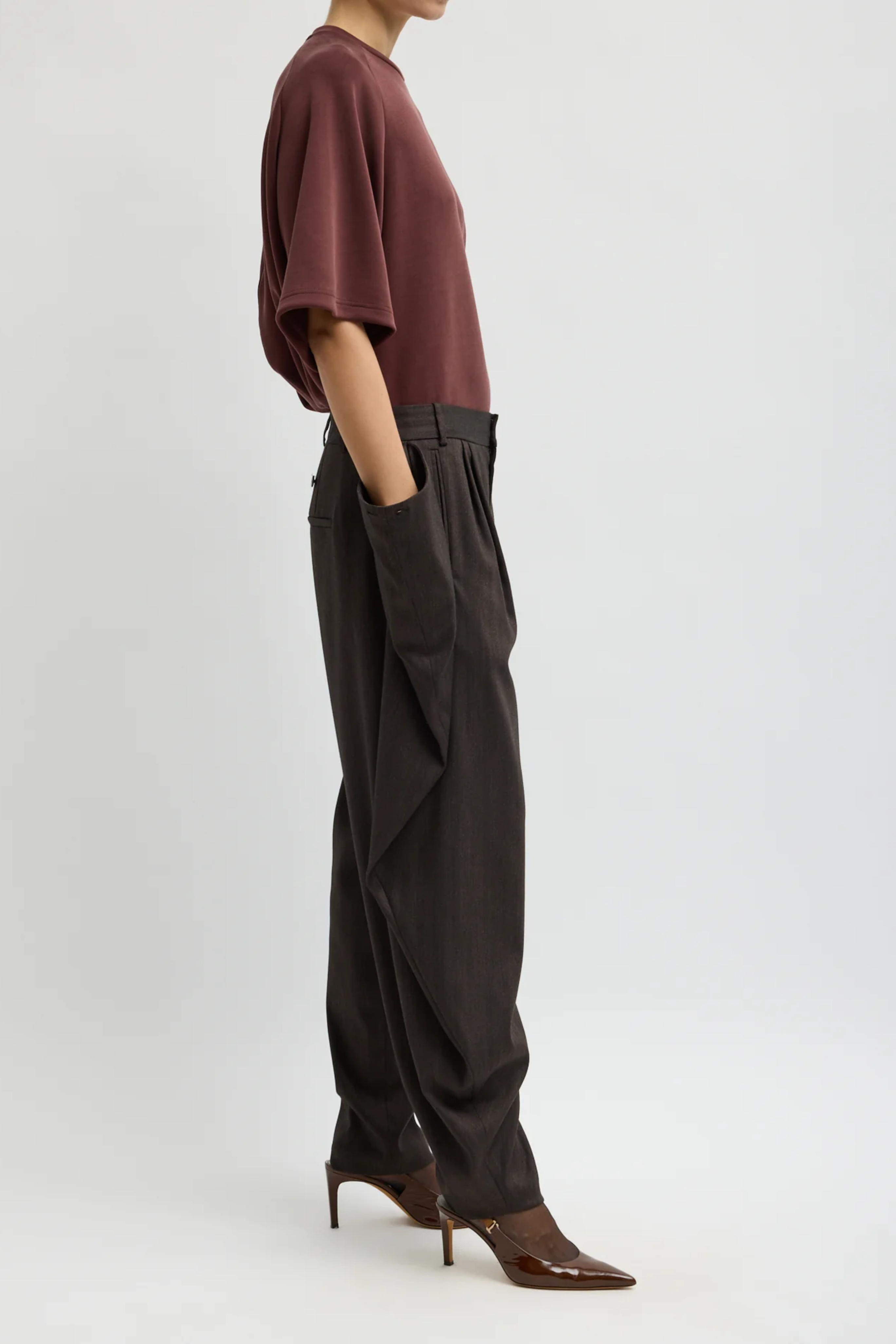 Herringbone Suiting Side Drape Pleated Pant - Brown Multi