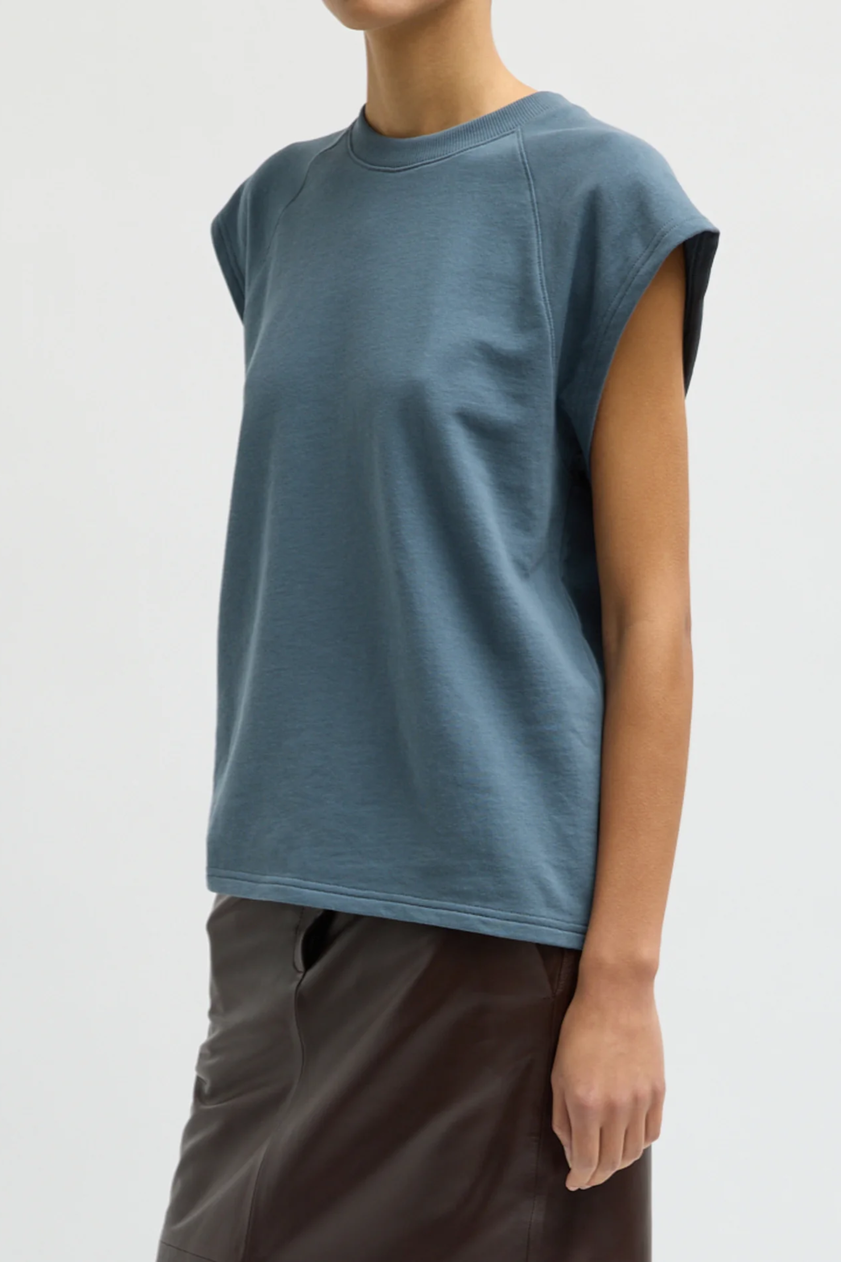 Light Weight Sweatshirting Sleeveless Easy Top - Blue Grey