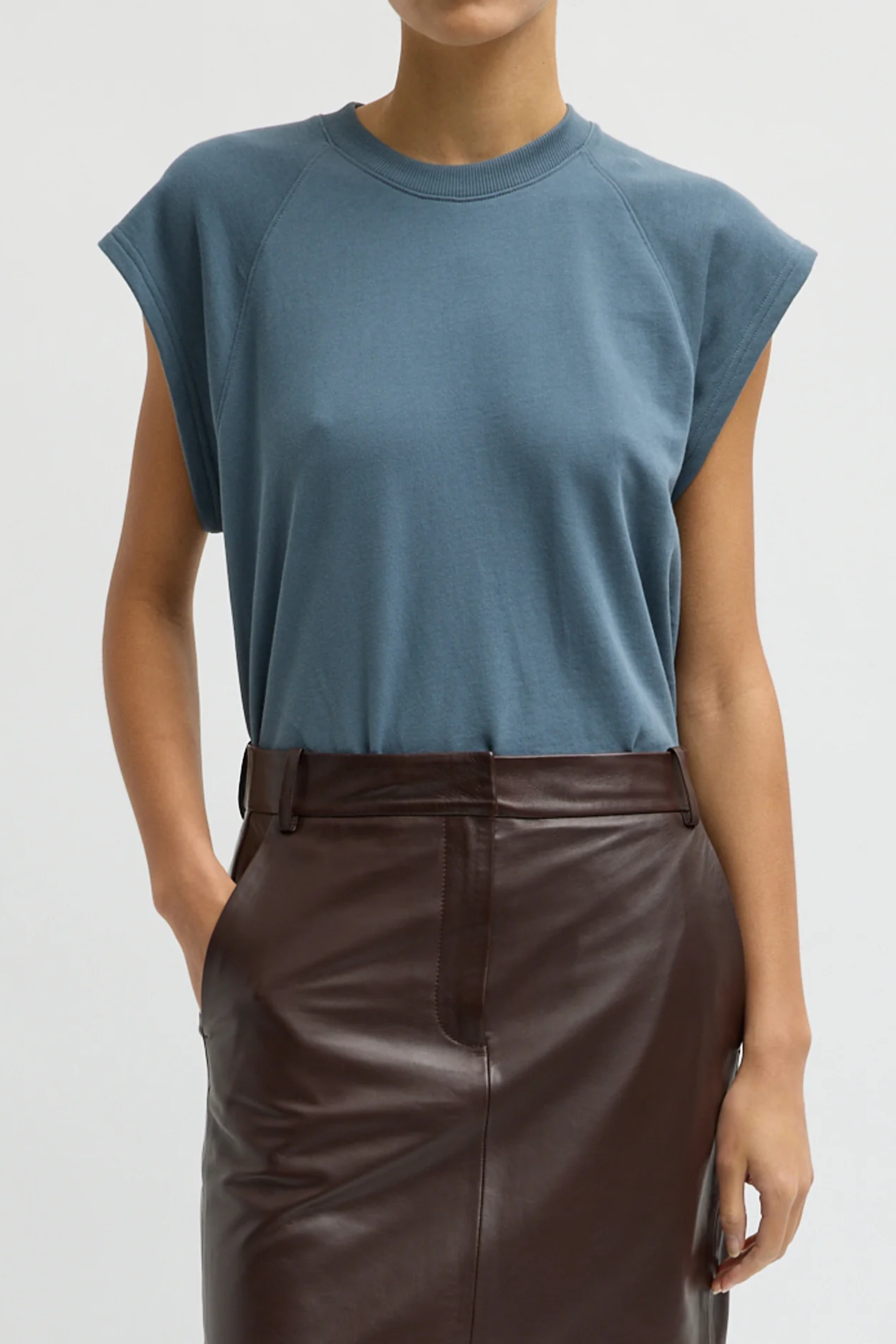 Light Weight Sweatshirting Sleeveless Easy Top - Blue Grey