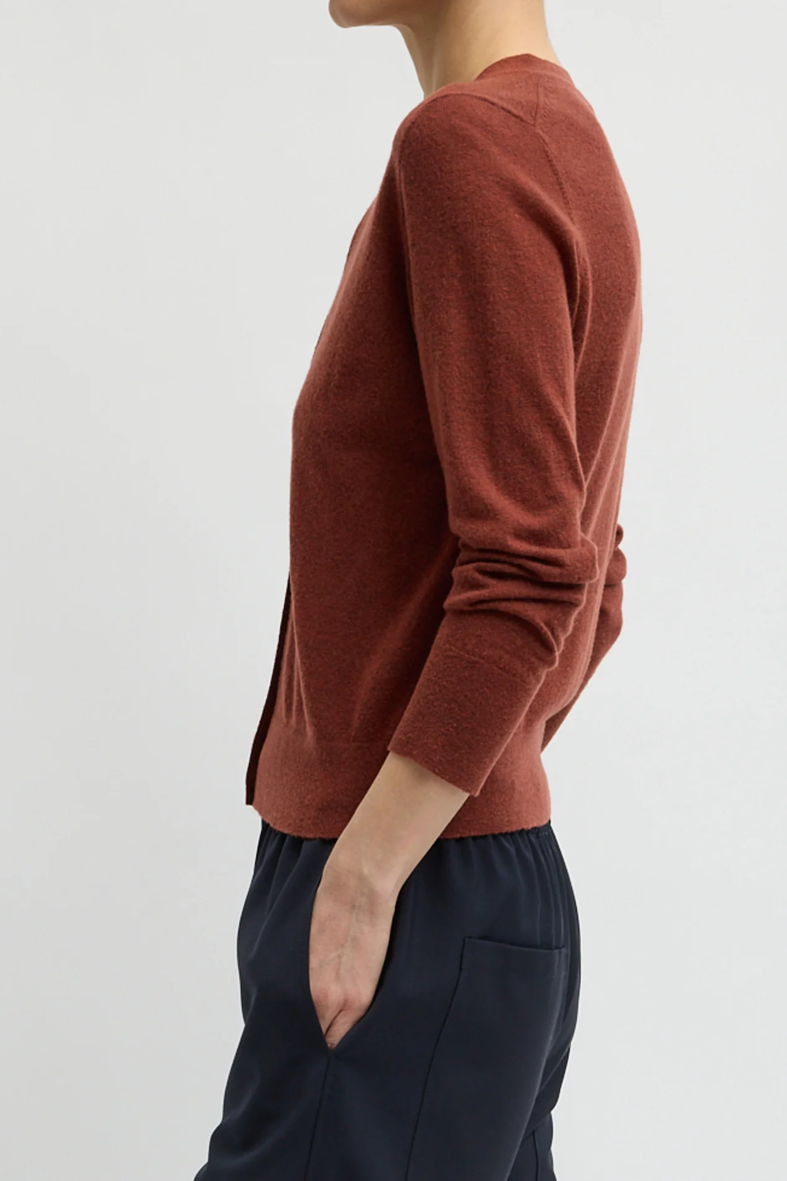 Skinlike Mercerized Wool Vneck Shrunken Cardigan - Red Clay