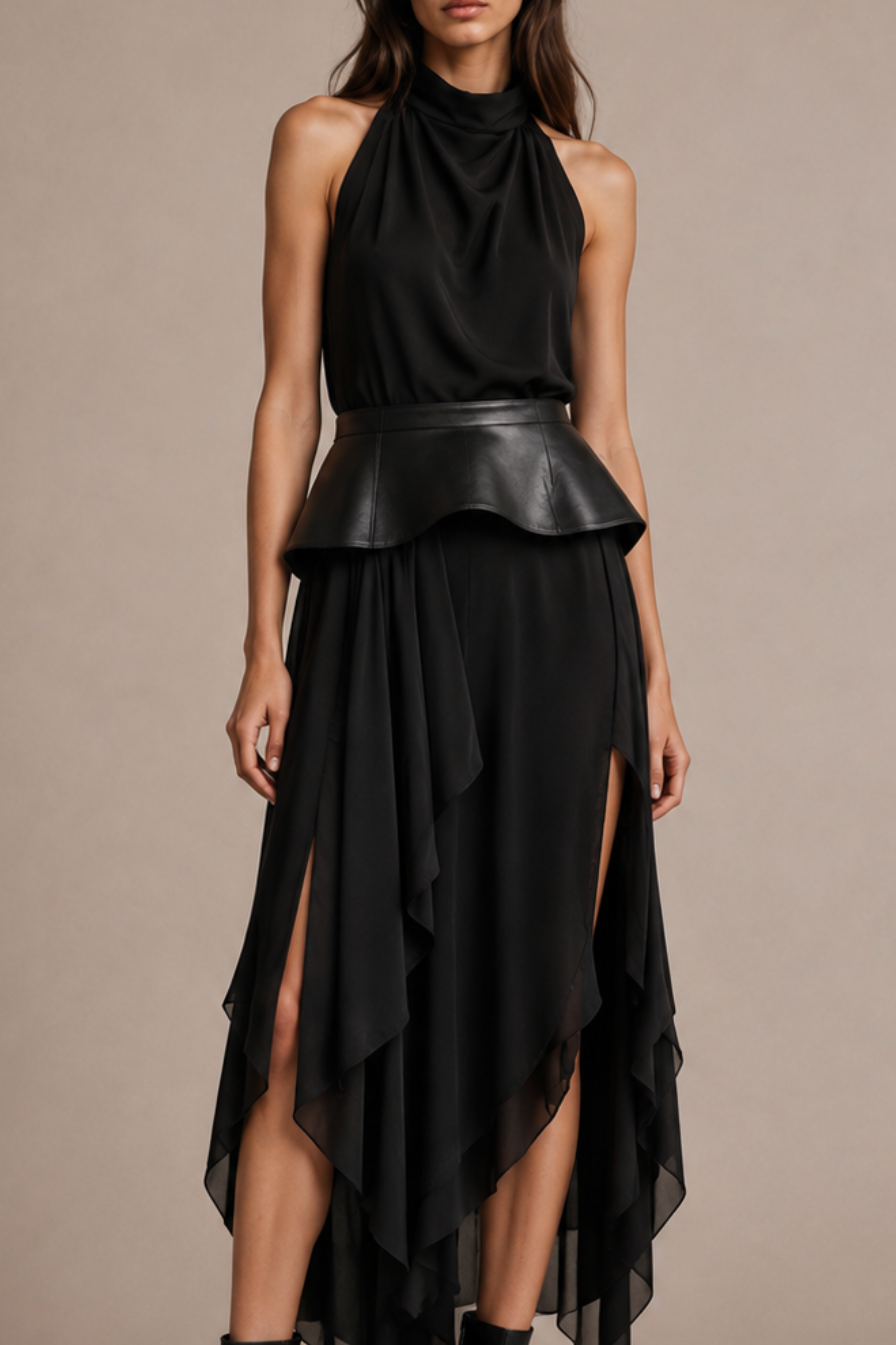 The Scarf Dress with Leather Wave Belt - Black