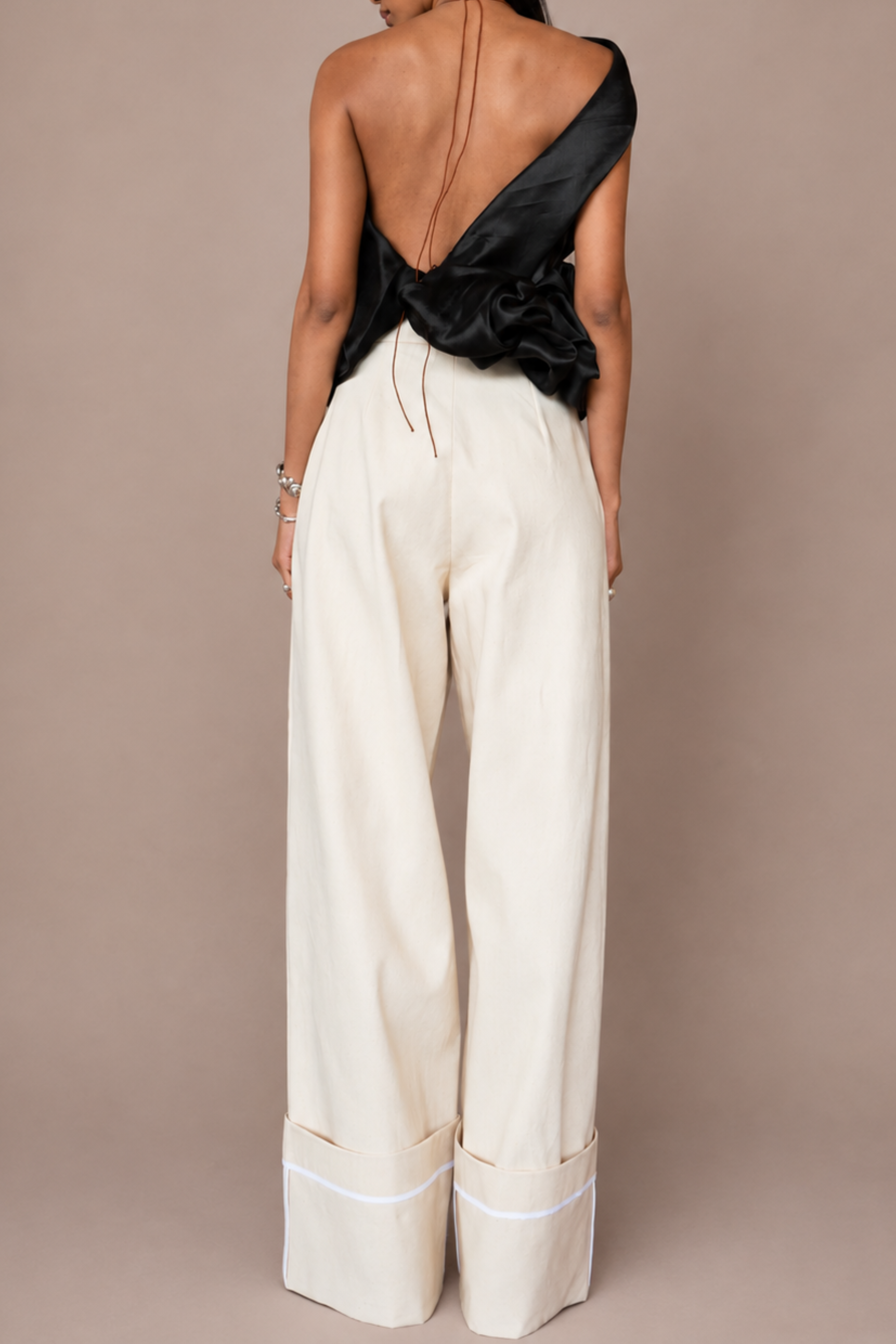 The Cuffed Raw Denim Wide Leg Pleated Trouser