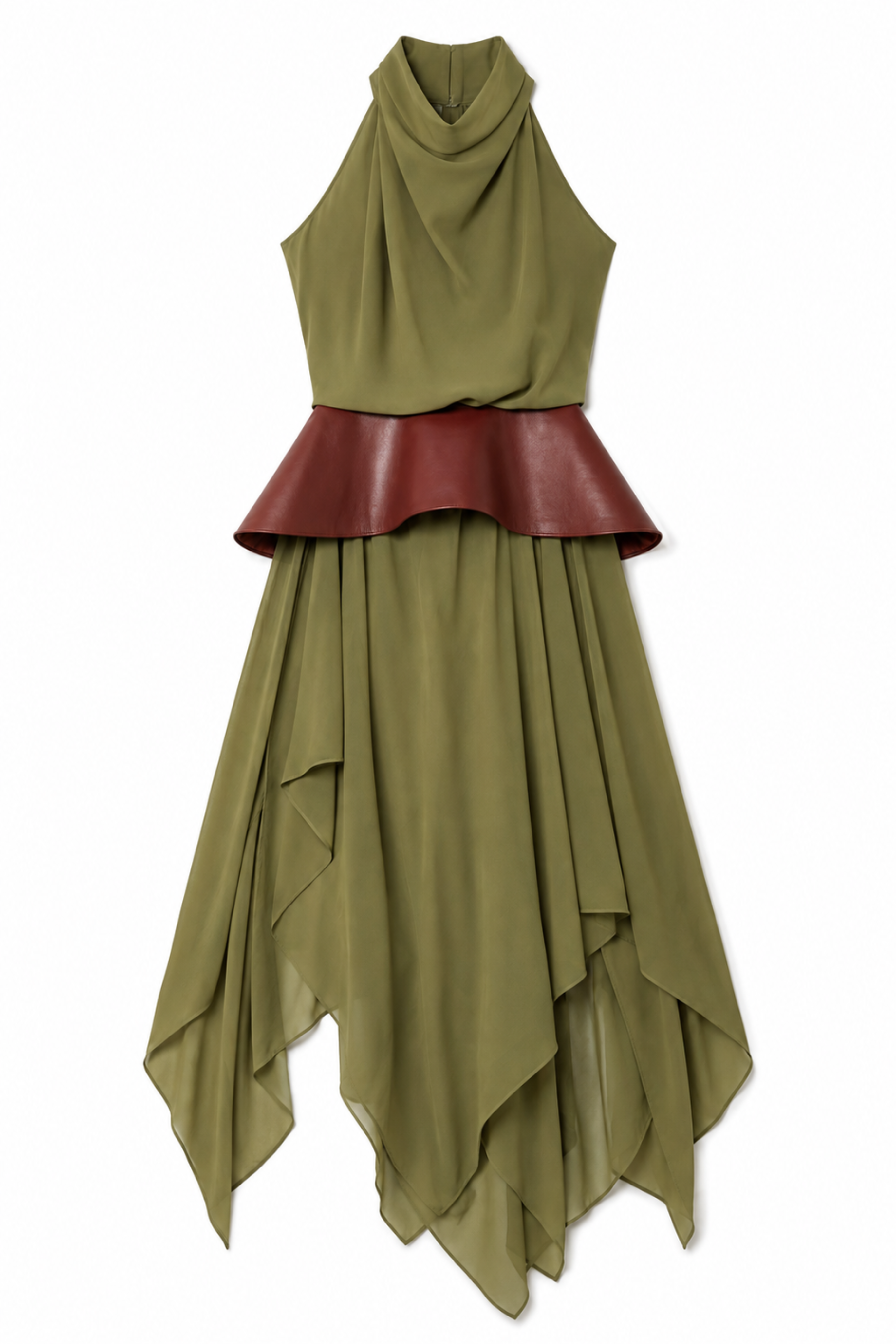 The Scarf Dress with Leather Wave Belt - Olive/Brick