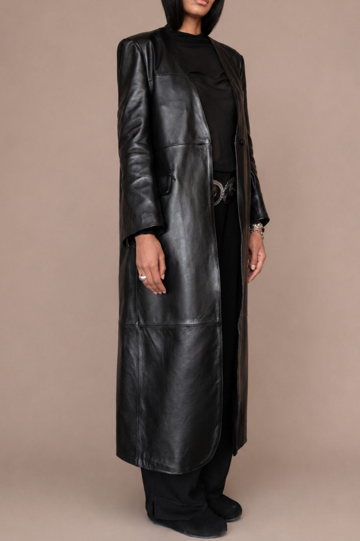 The Long Leather Collarless Coat