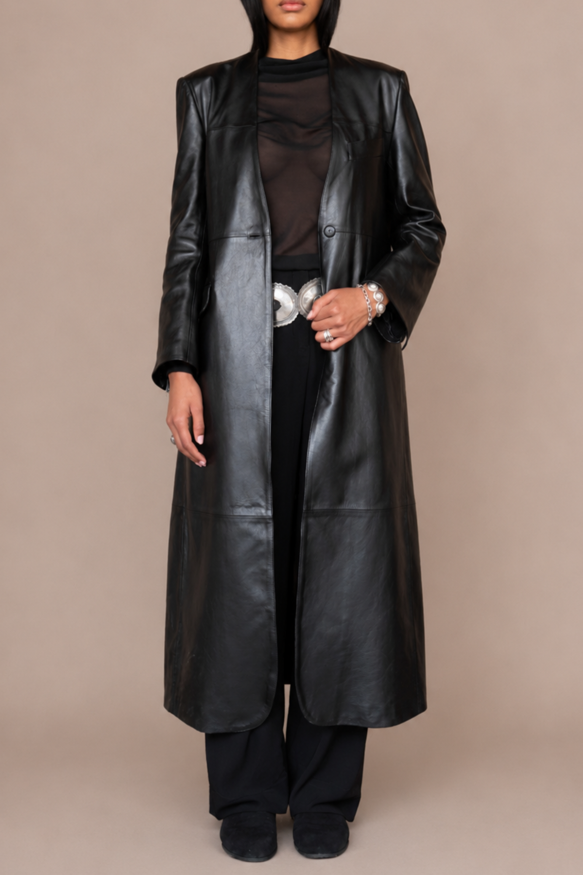 The Long Leather Collarless Coat