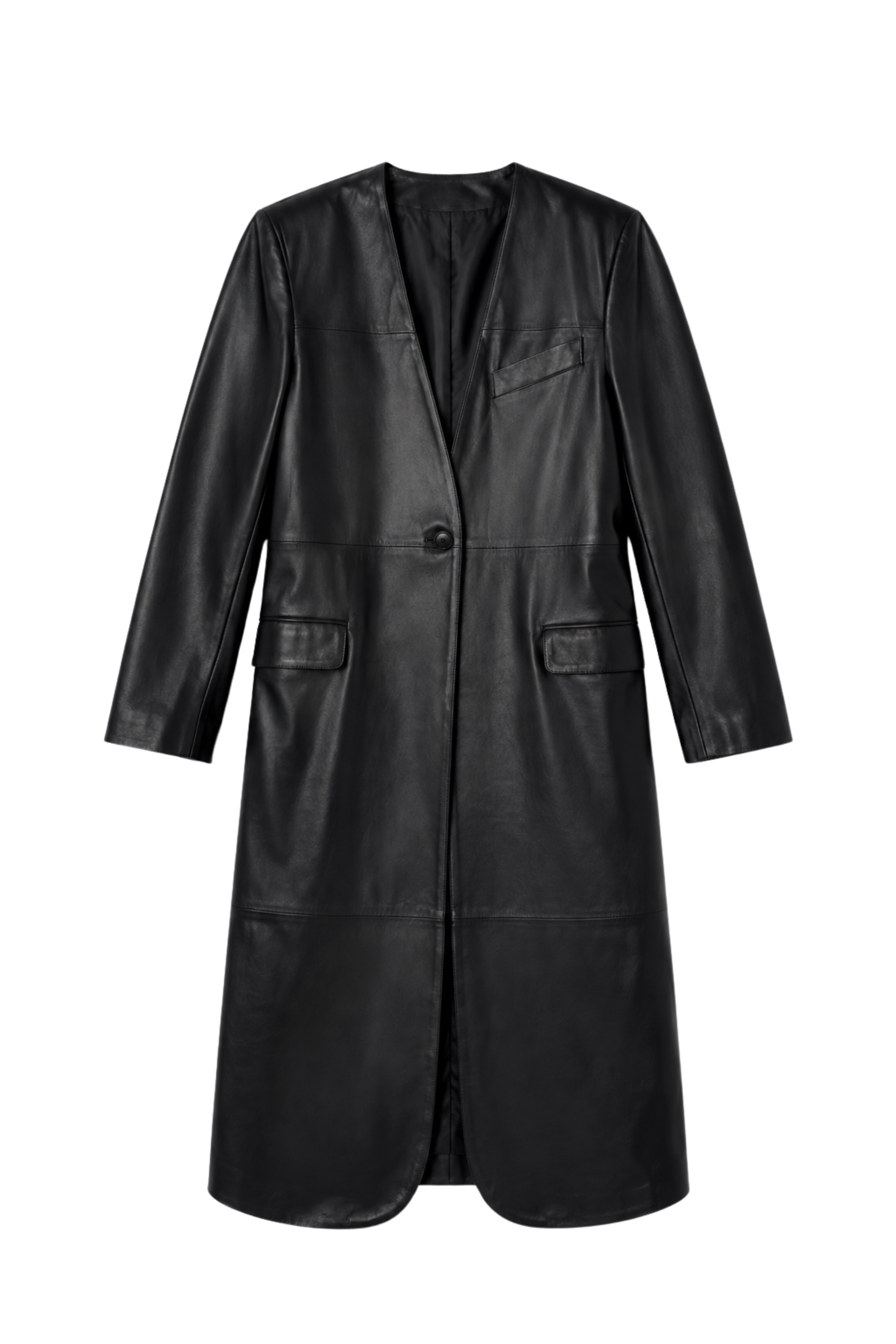 The Long Leather Collarless Coat