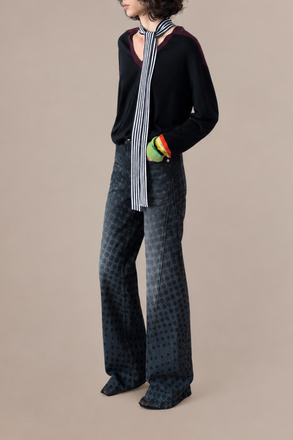 Silk Colorblocked V-Neck W/ Scarf