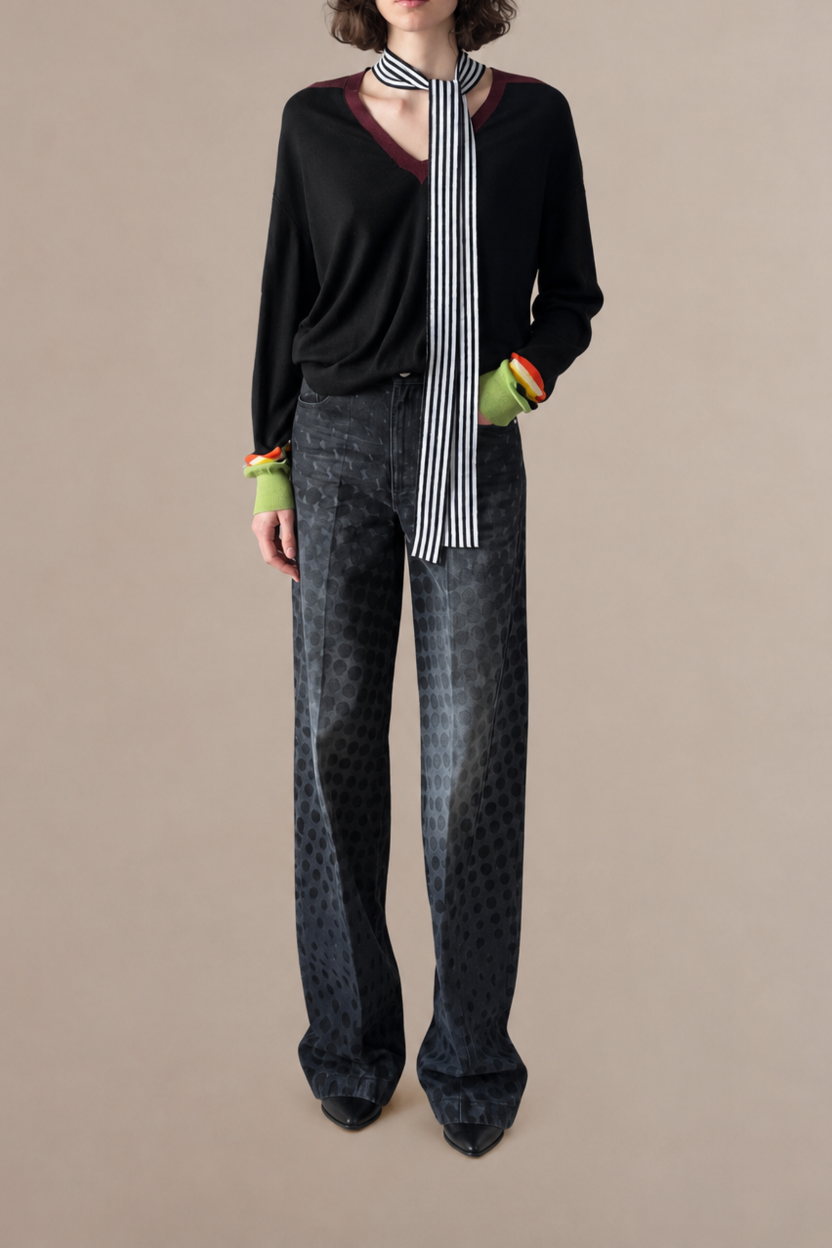 Silk Colorblocked V-Neck W/ Scarf