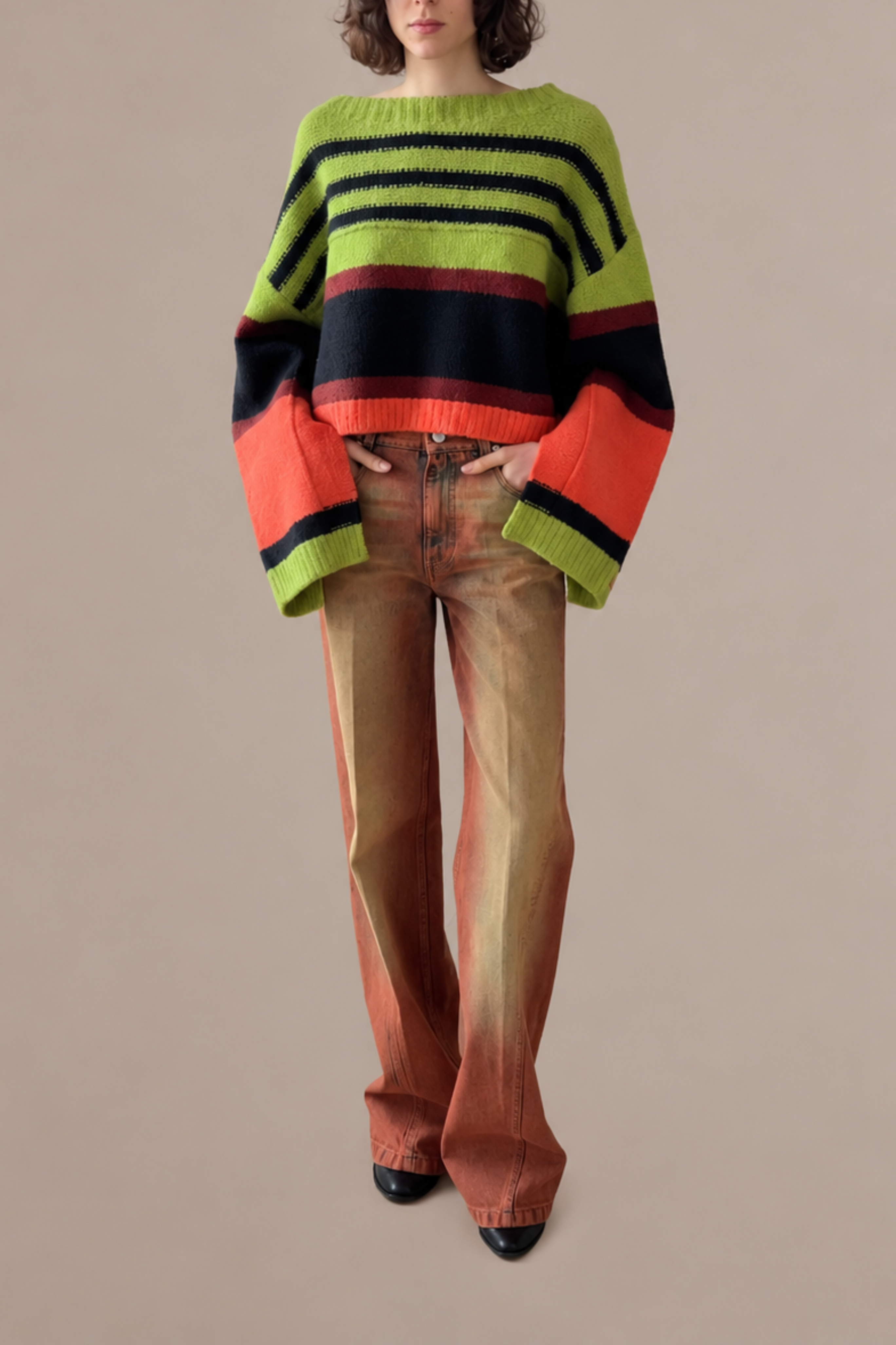 Cropped Striped Wool Boucle Sweater