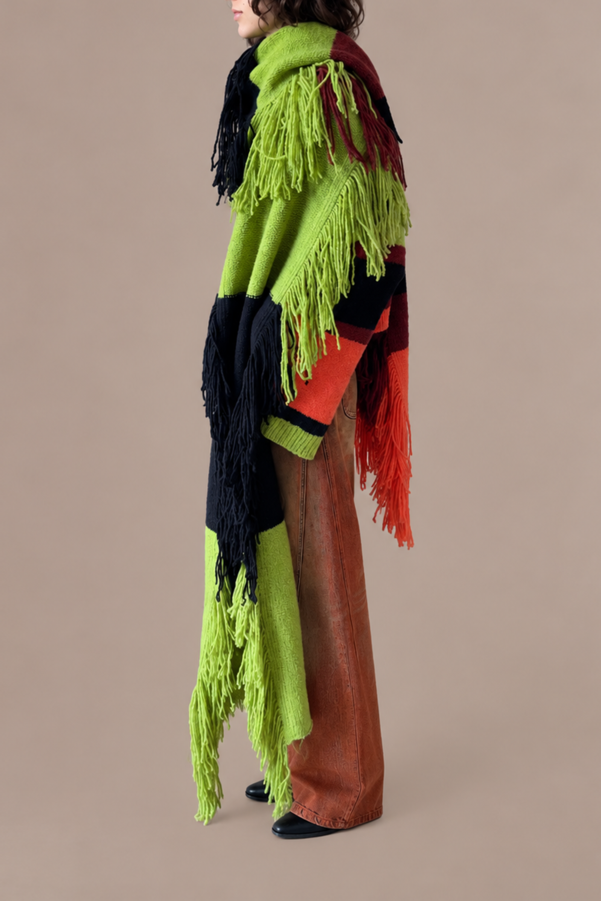 Striped Wool Boucle Fringed Knit Wrap