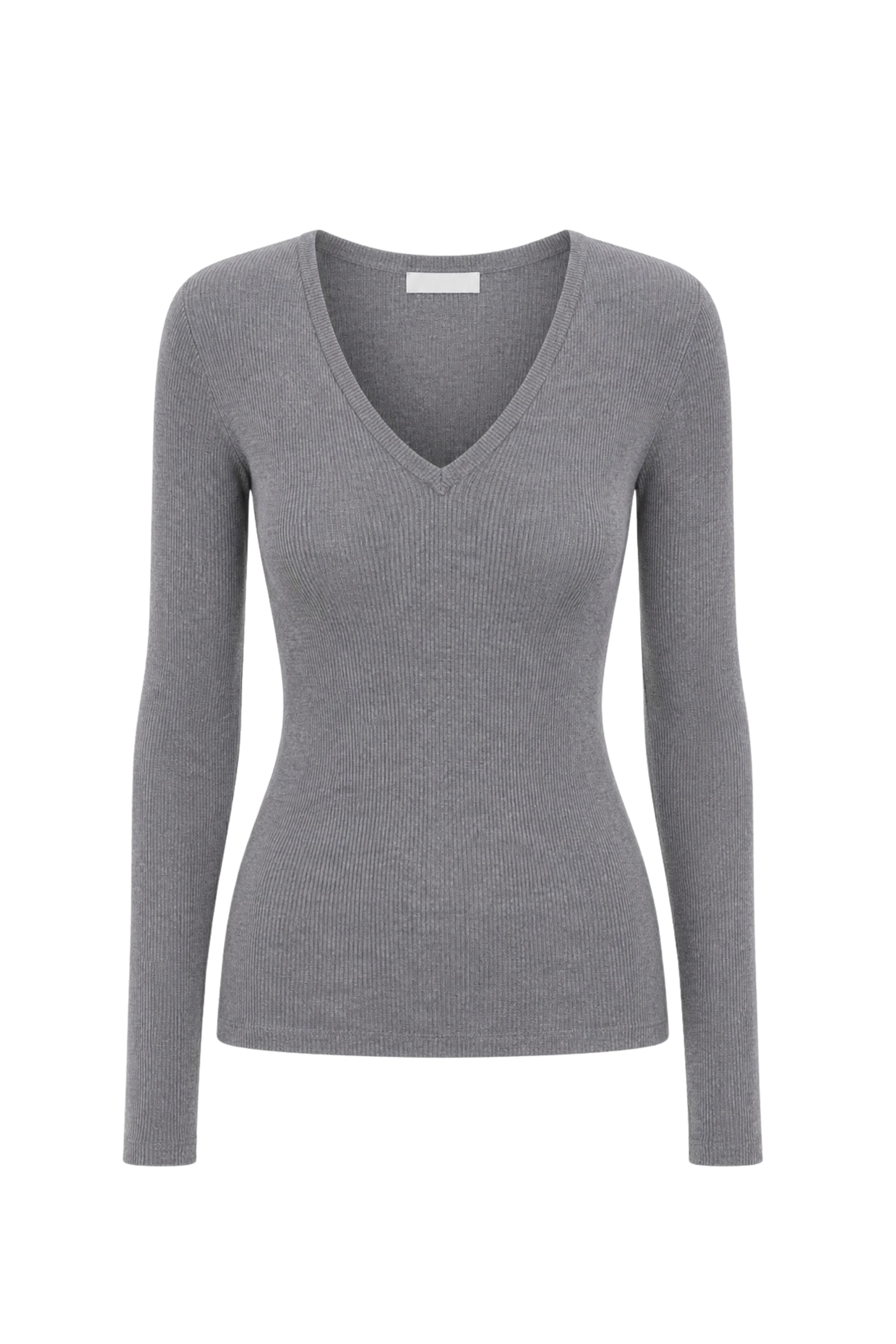Feather Weight Ribbed Sweater Vneck Pullover - Heather Grey