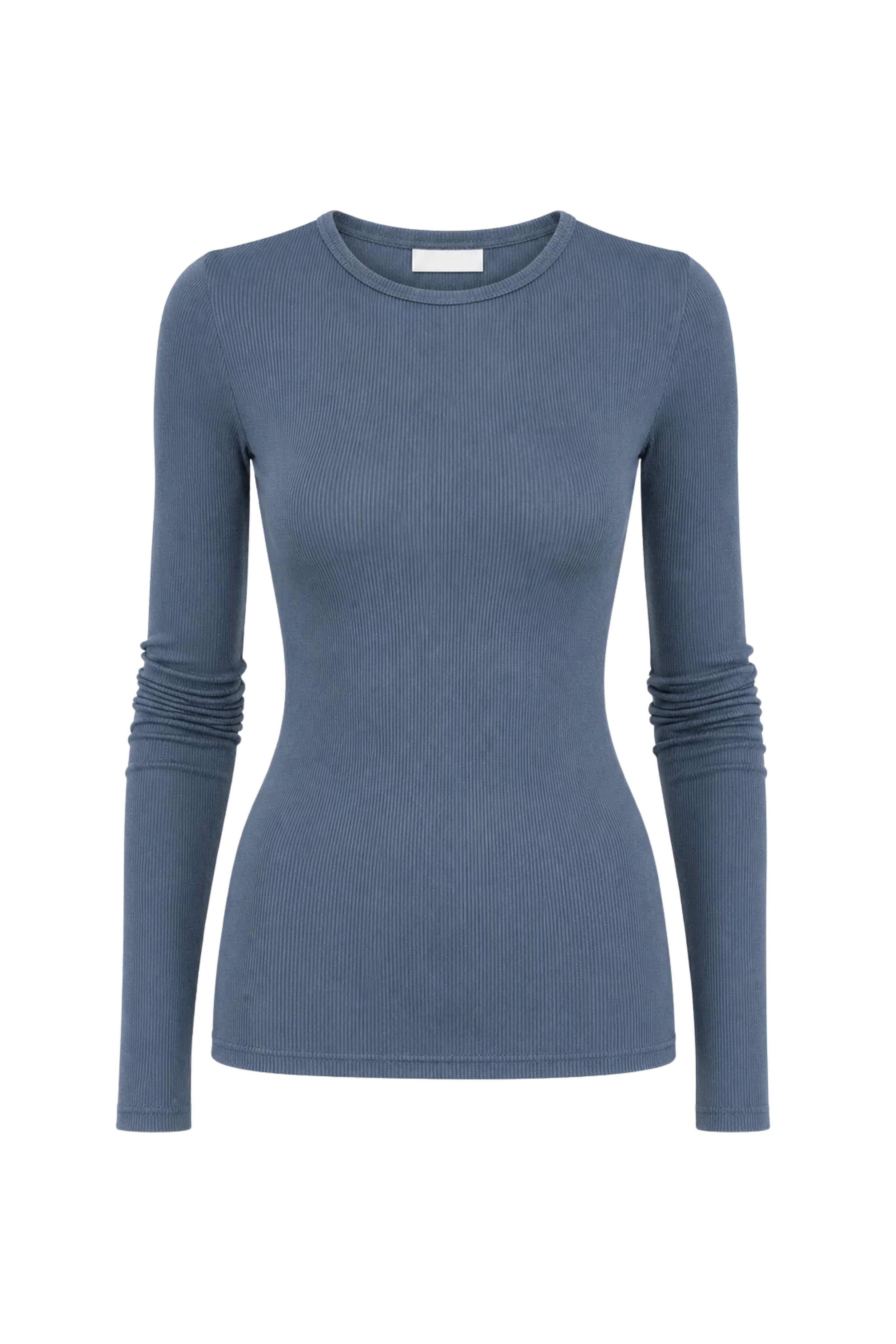 Circular Ribbed Crewneck Pullover T-Shirt Blue