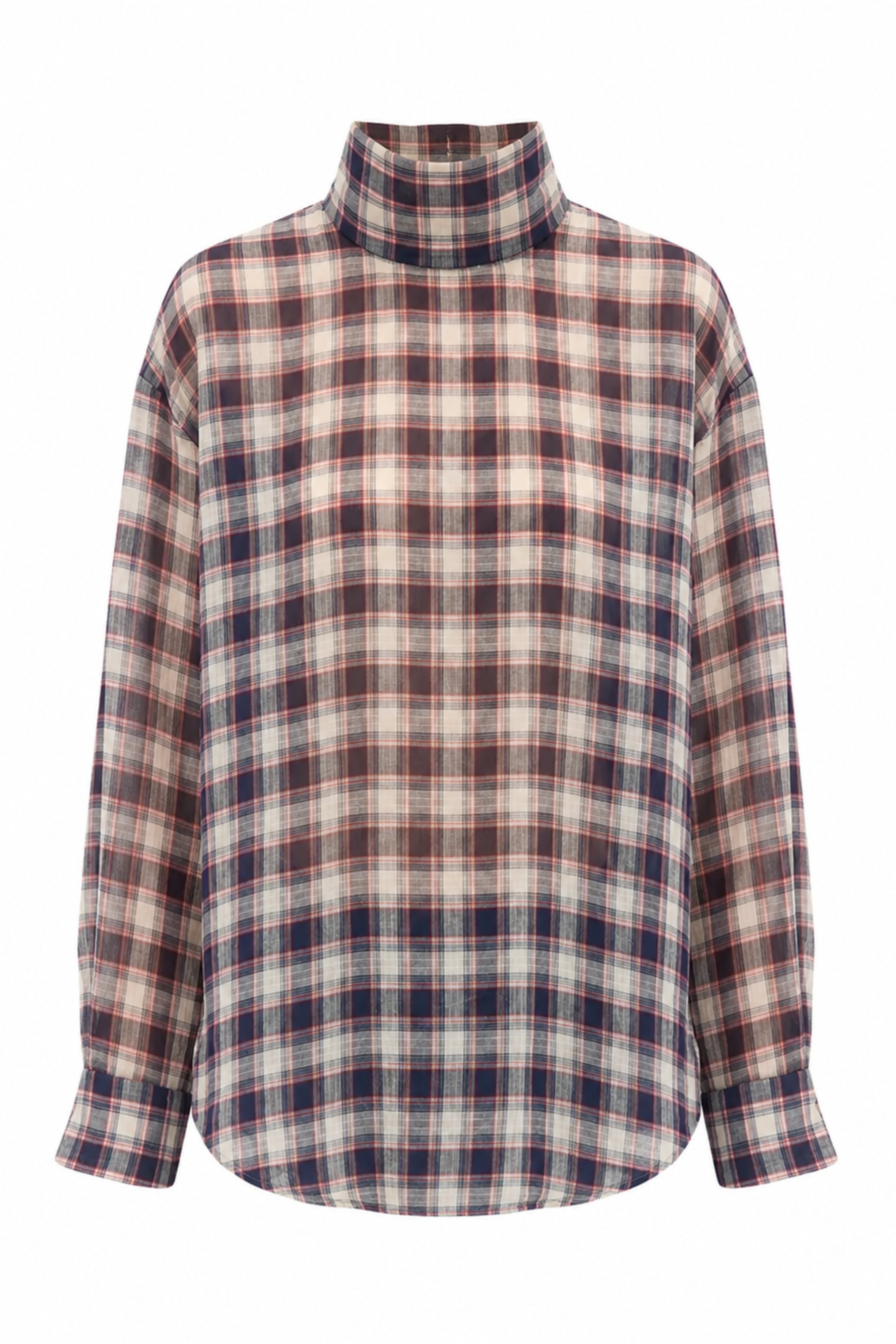 Silk Cotton Plaid Funnel Neck Shirt