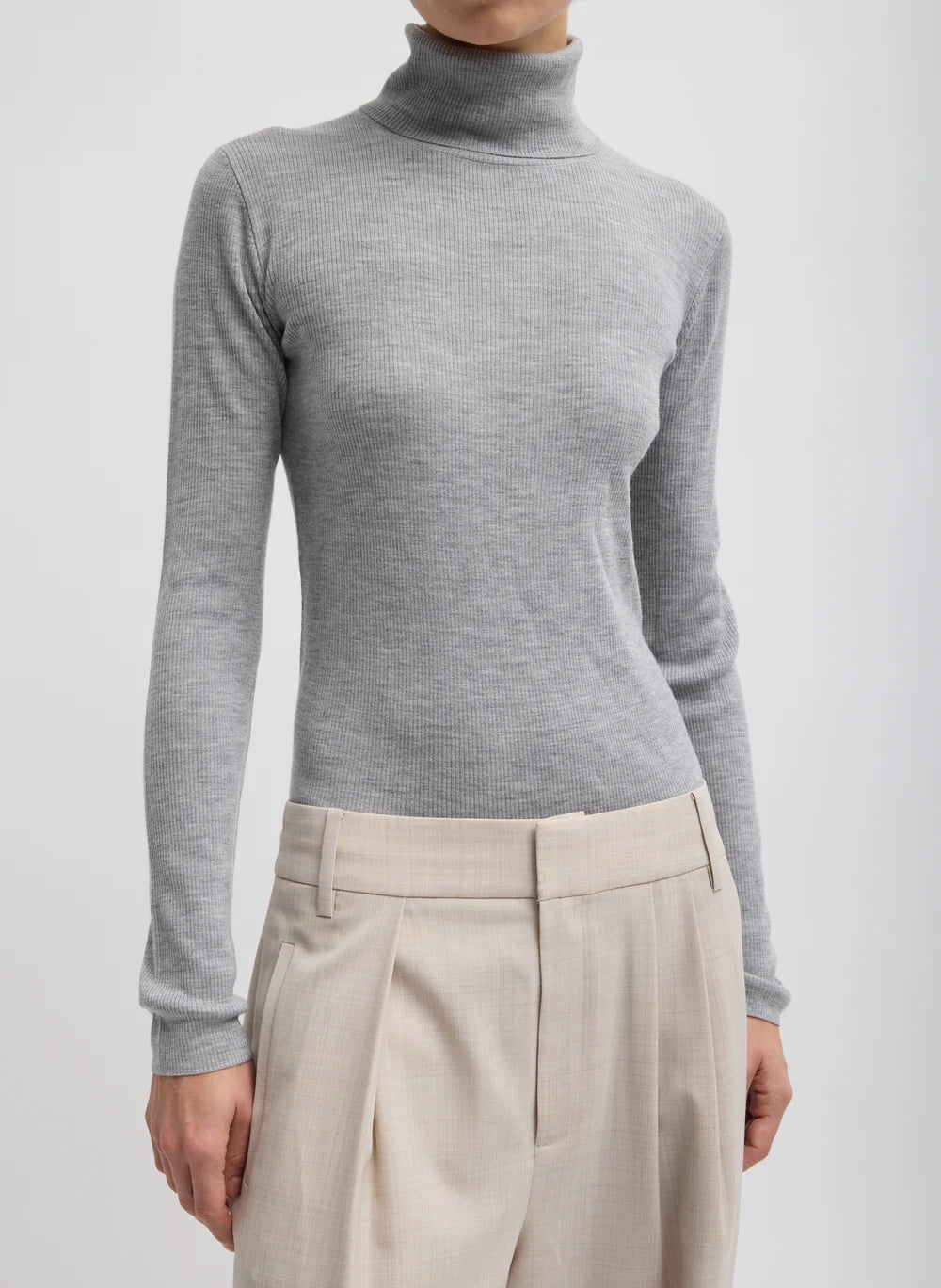 Feather Weight Ribbed Sweater Turtle Neck Pullover - Heather Grey
