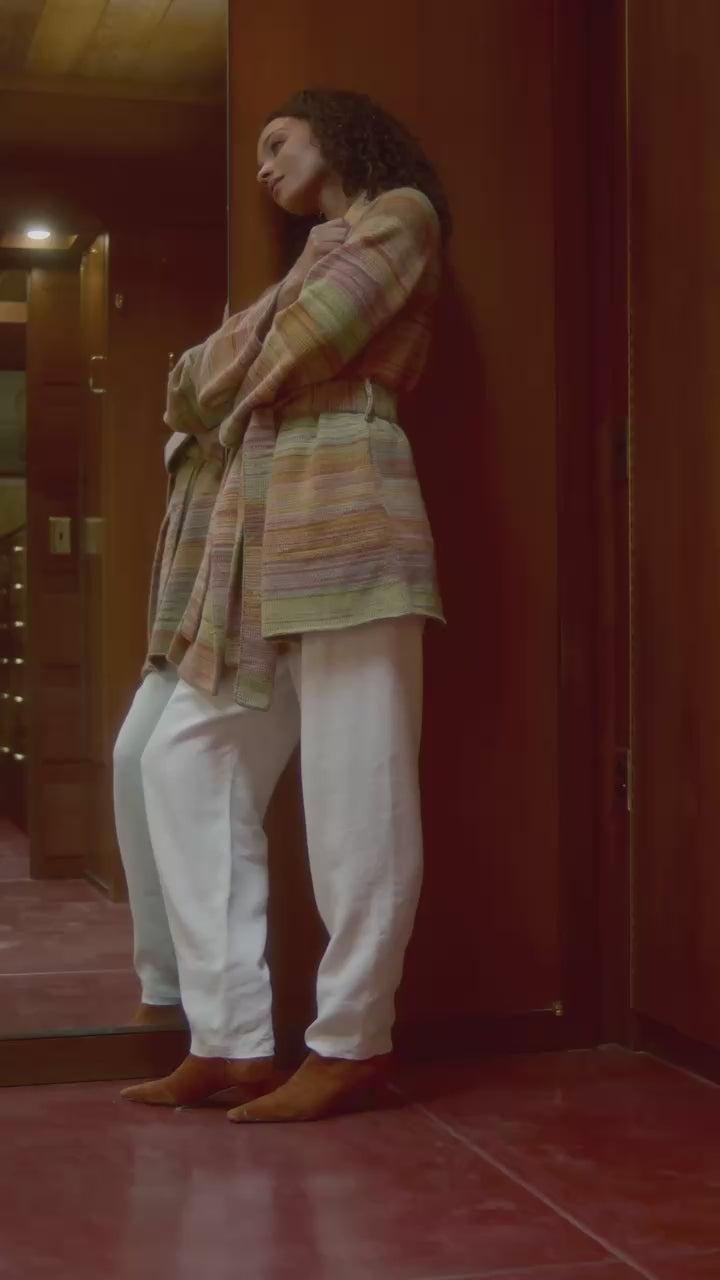 THE ELDER STATESMAN Cosmic Stripe Belted Cardigan