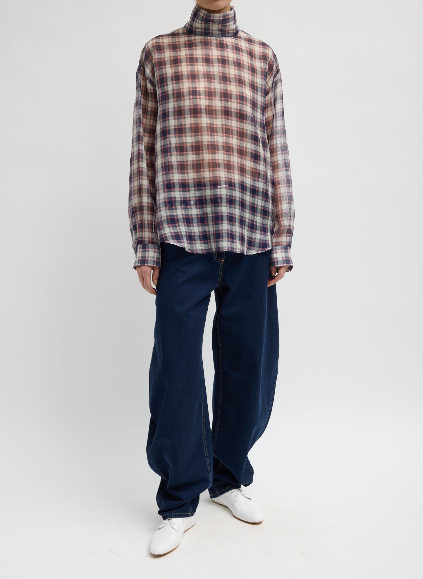 SILK COTTON PLAID FUNNEL NECK SHIRT