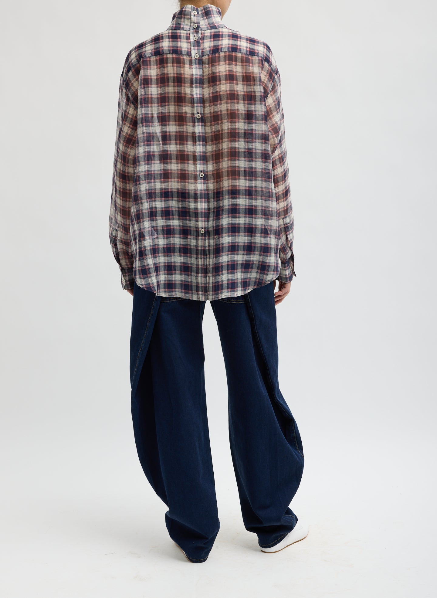 SILK COTTON PLAID FUNNEL NECK SHIRT