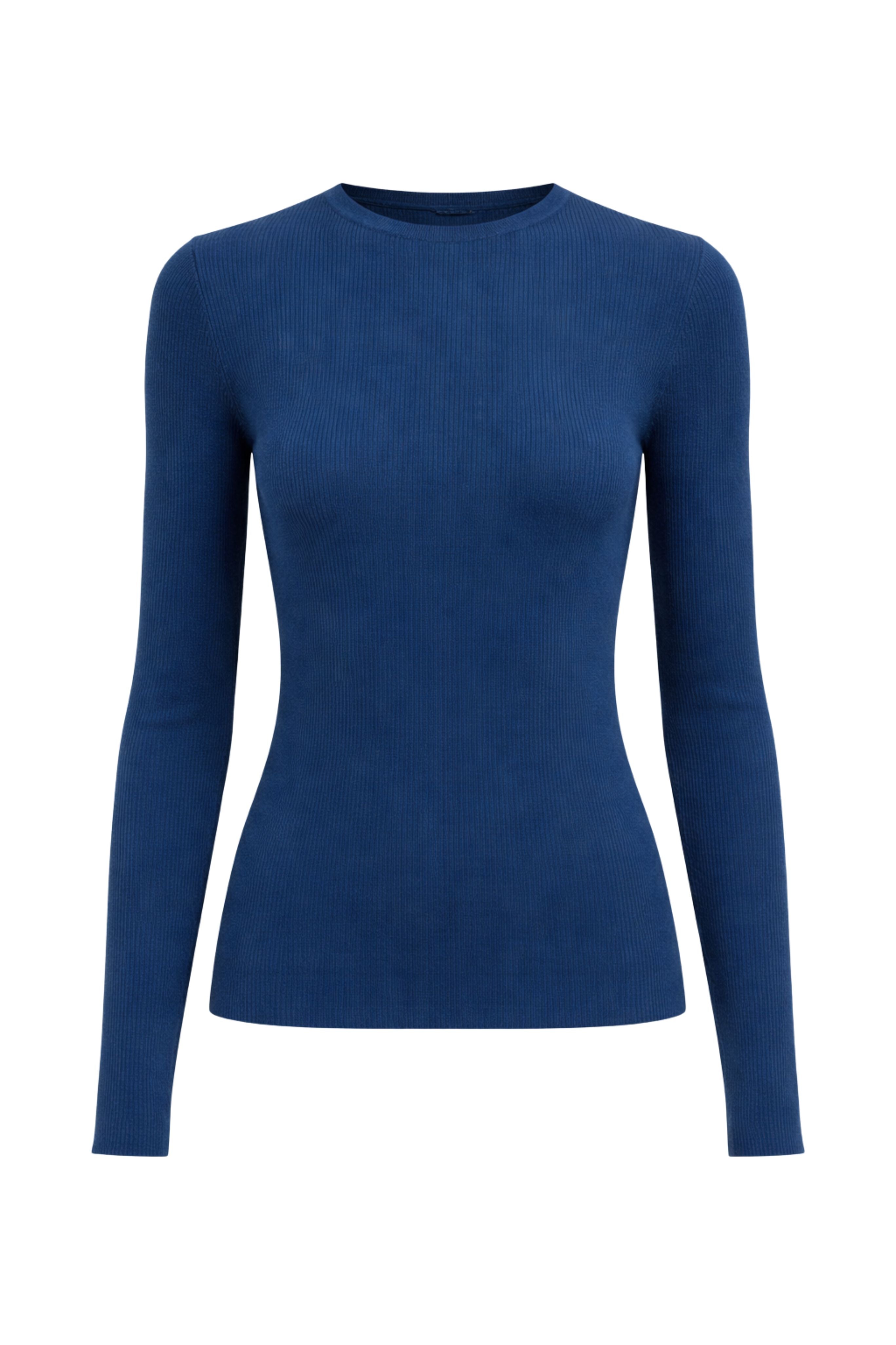 Feather Weight Ribbed Sweater Crewneck Pullover - Blue