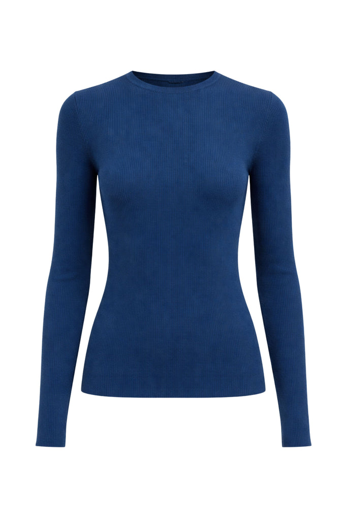 Feather Weight Ribbed Sweater Crewneck Pullover - Blue