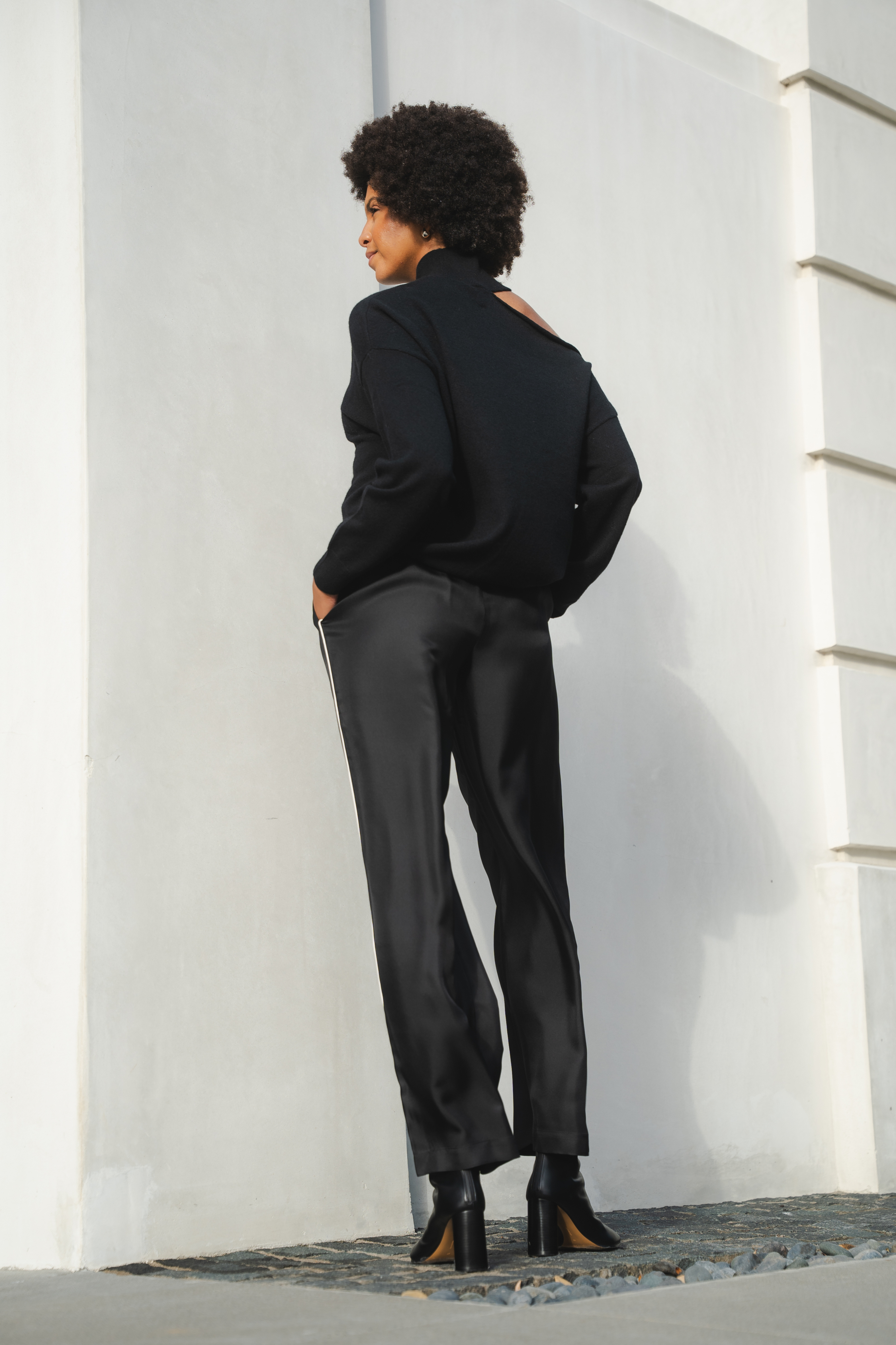 Wide Leg Trousers With Piping Detail in Black