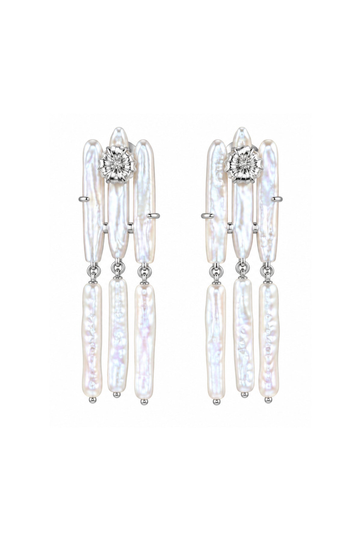 Triple Biwa Stick Pearl Earrings With 3 Pearl Drops