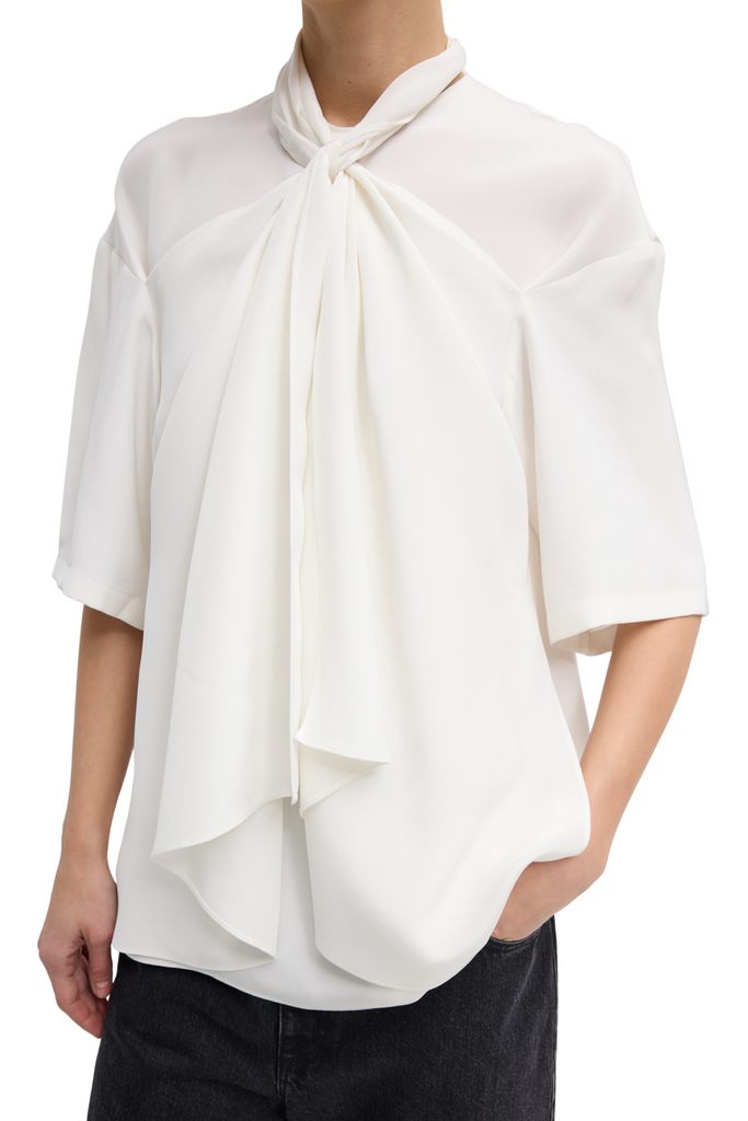 4 Ply Silk Tie Front Top - White