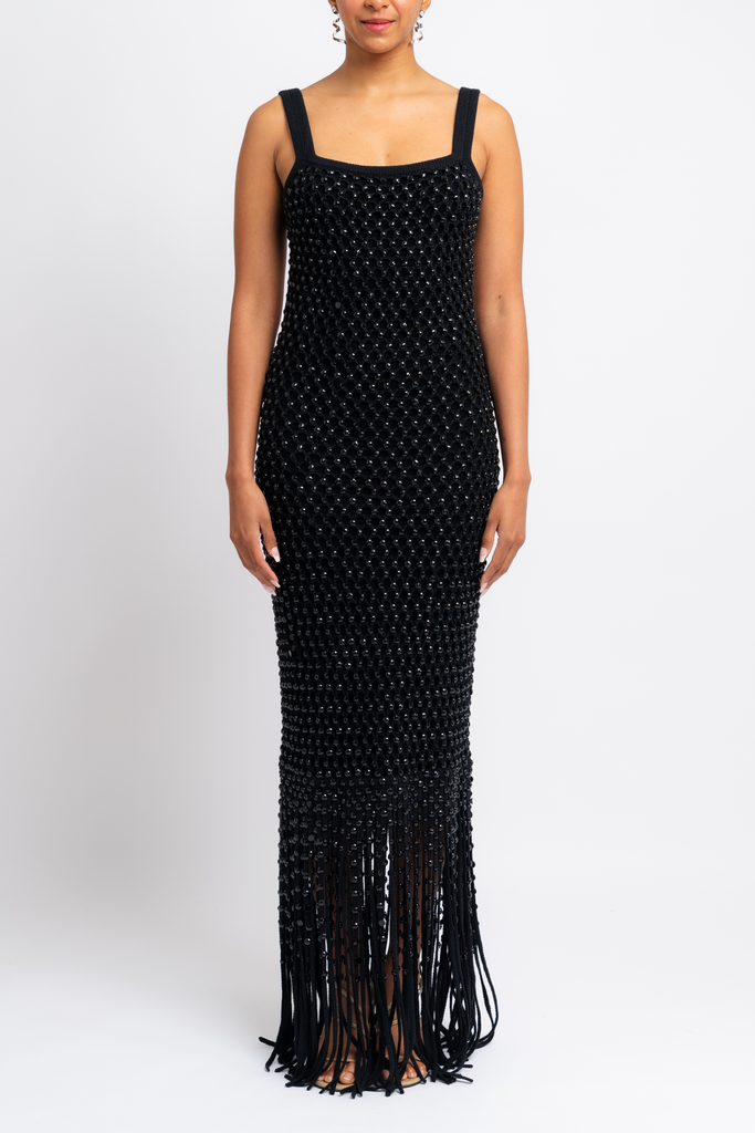 Crystal Mesh Gala Fringe Gown - Black