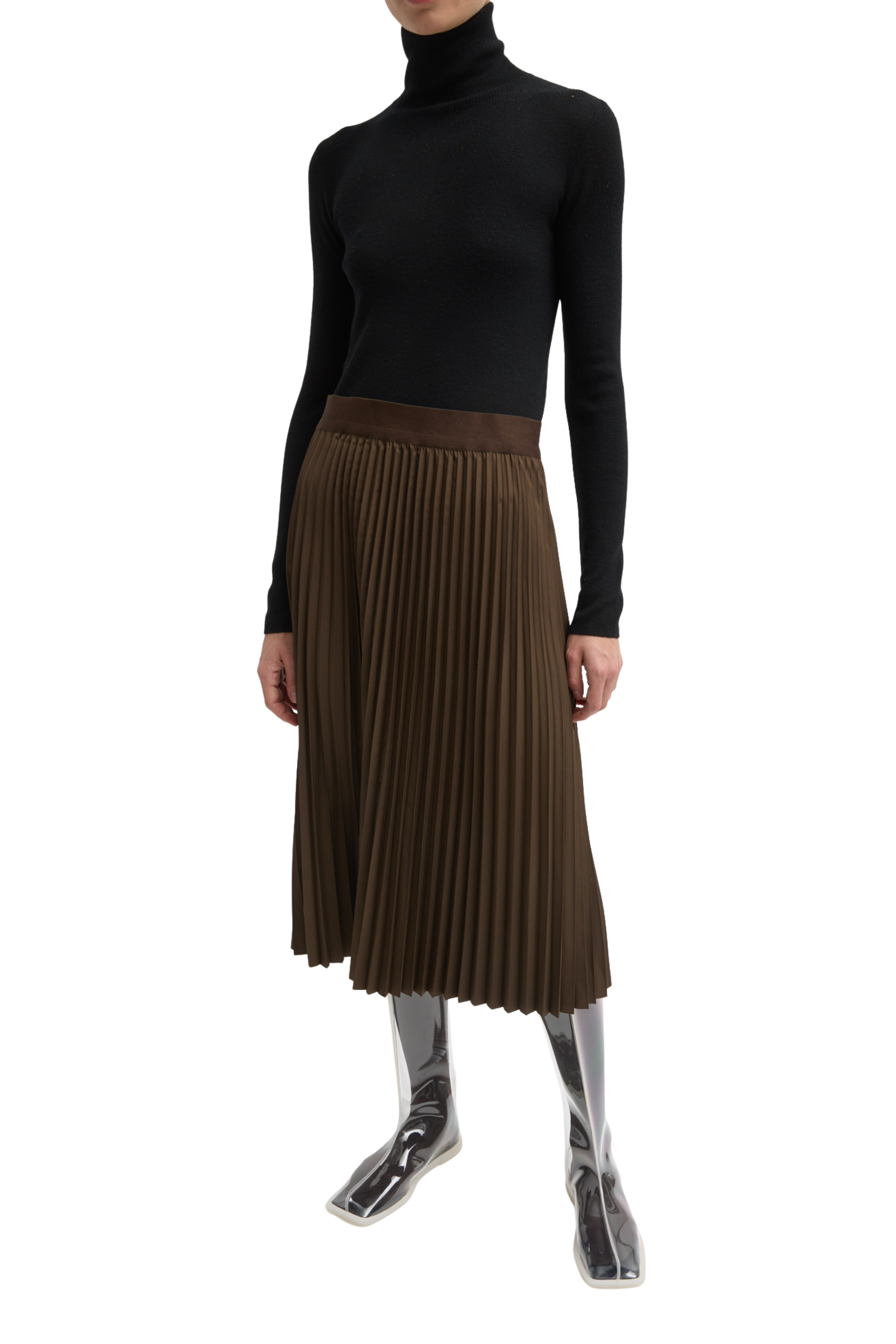 Nylon Pleating Sunray Pullon Skirt - Brown