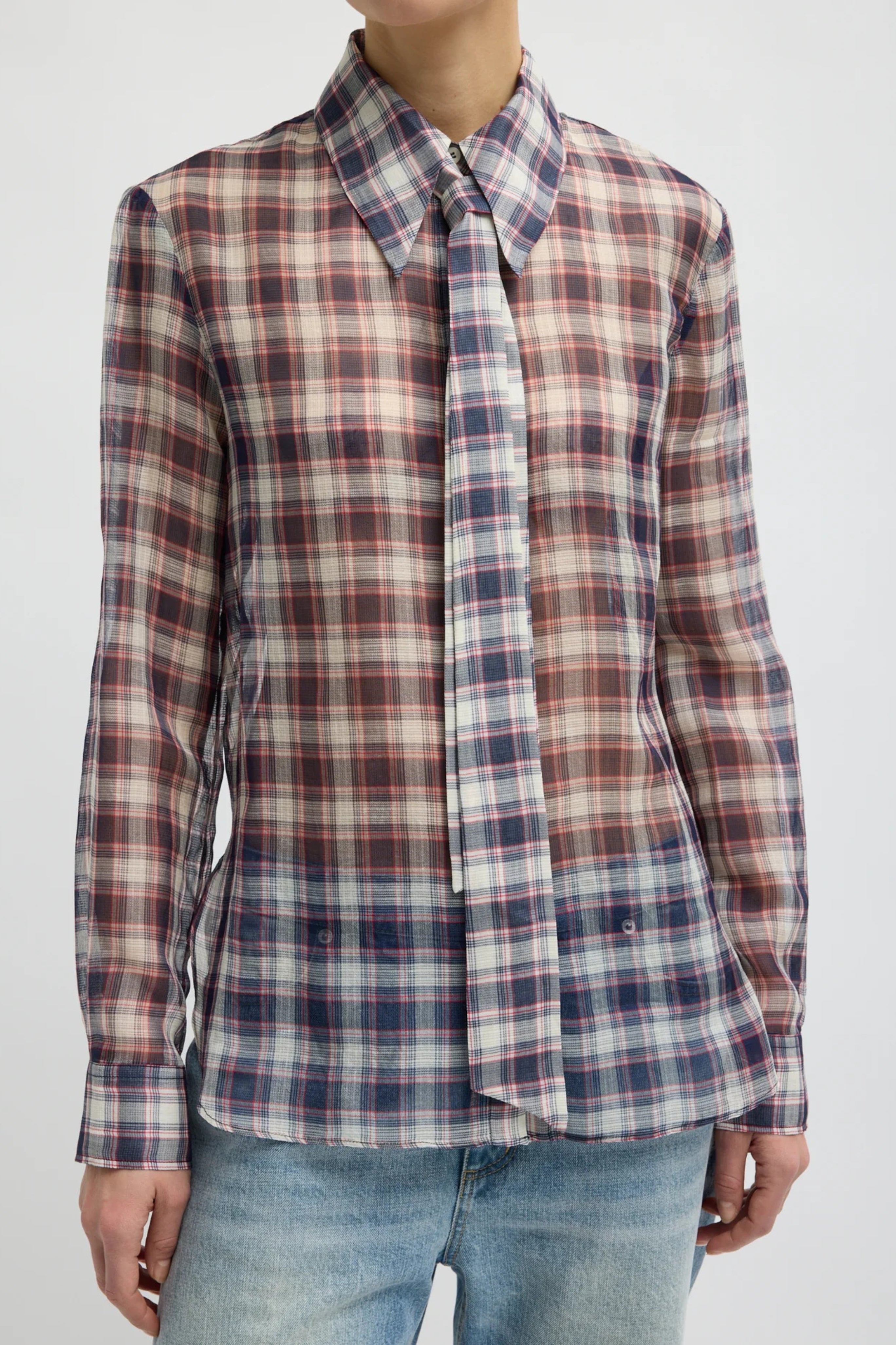 Silk Cotton Plaid Blouse With Removable Tie - Black/Red Multi