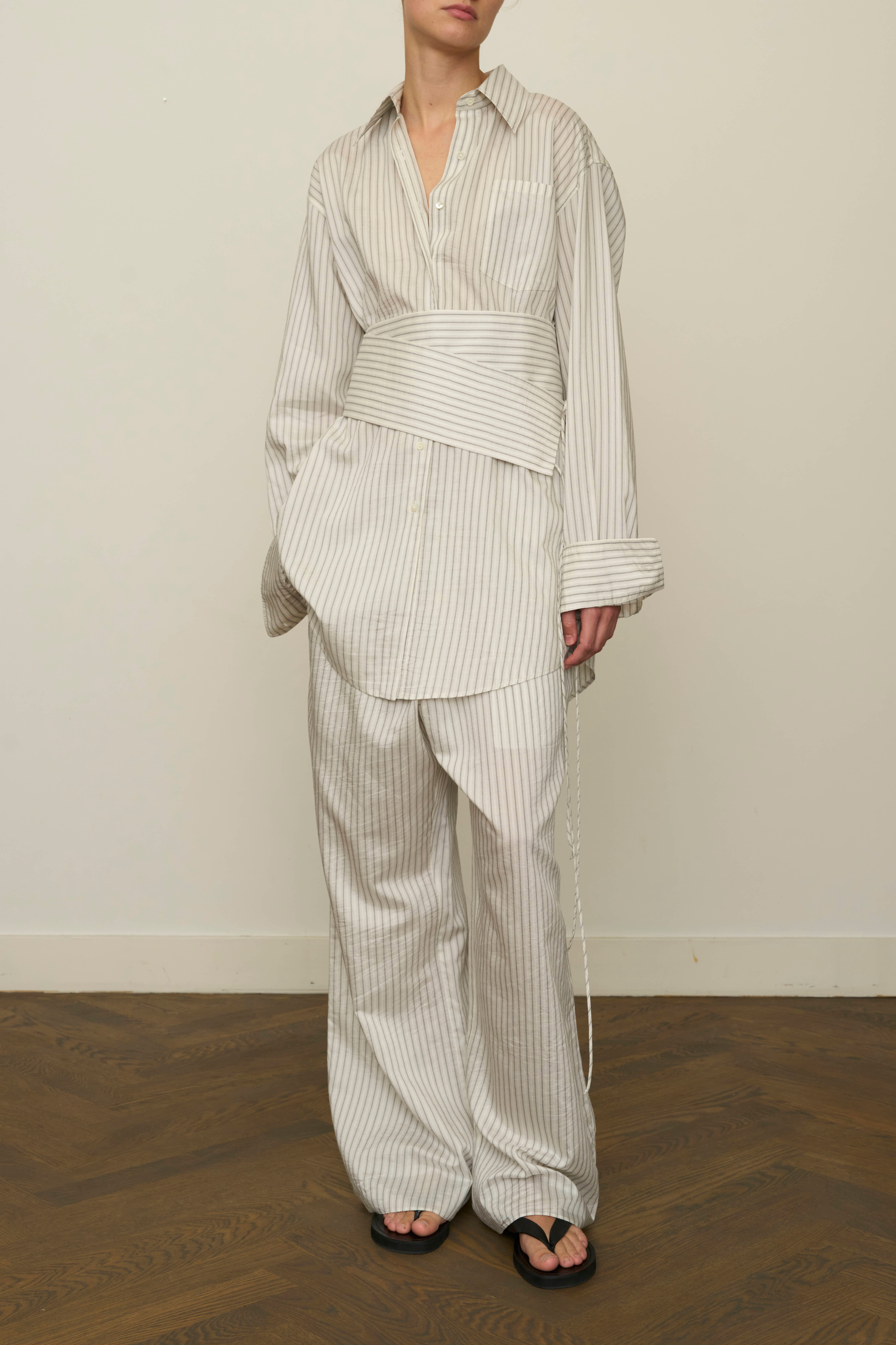 Silk Stripe Belted Shirt