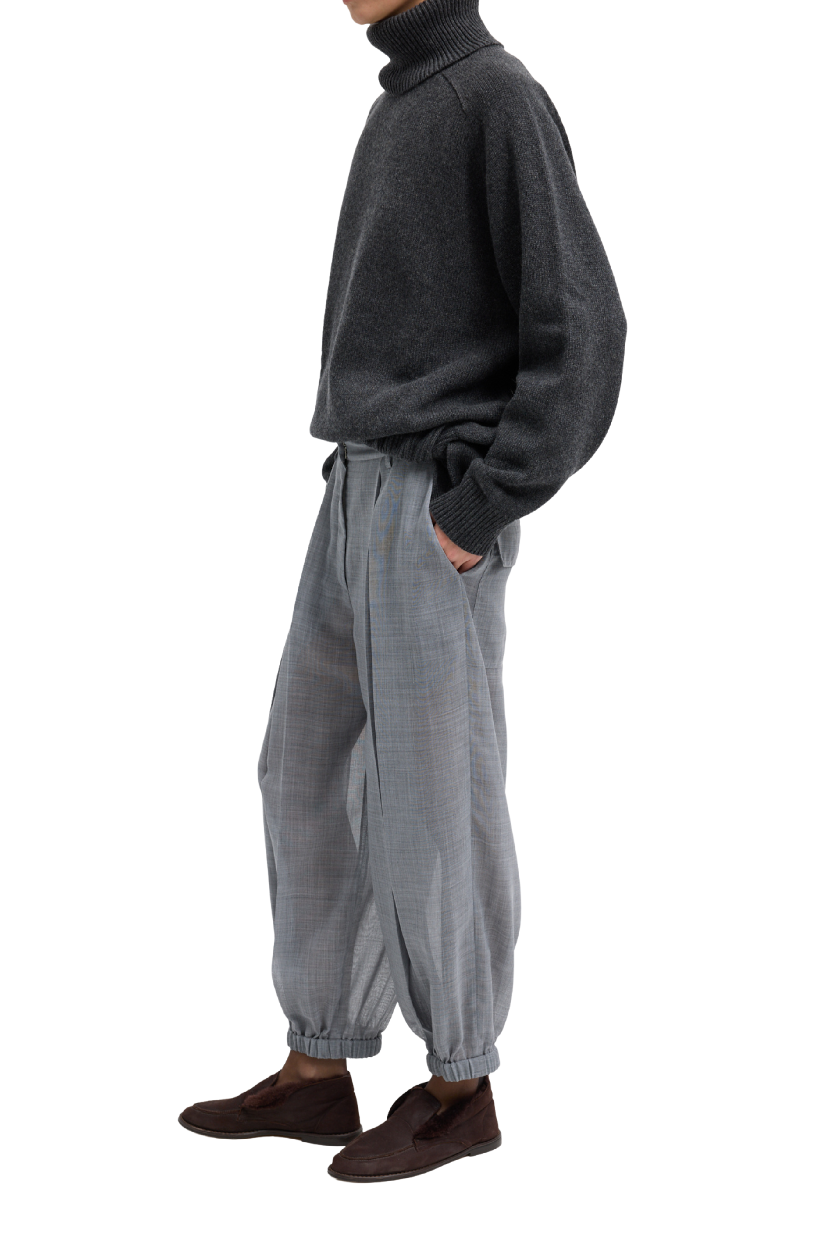 Sheer Wool Gauze Pleated Long Balloon Pant