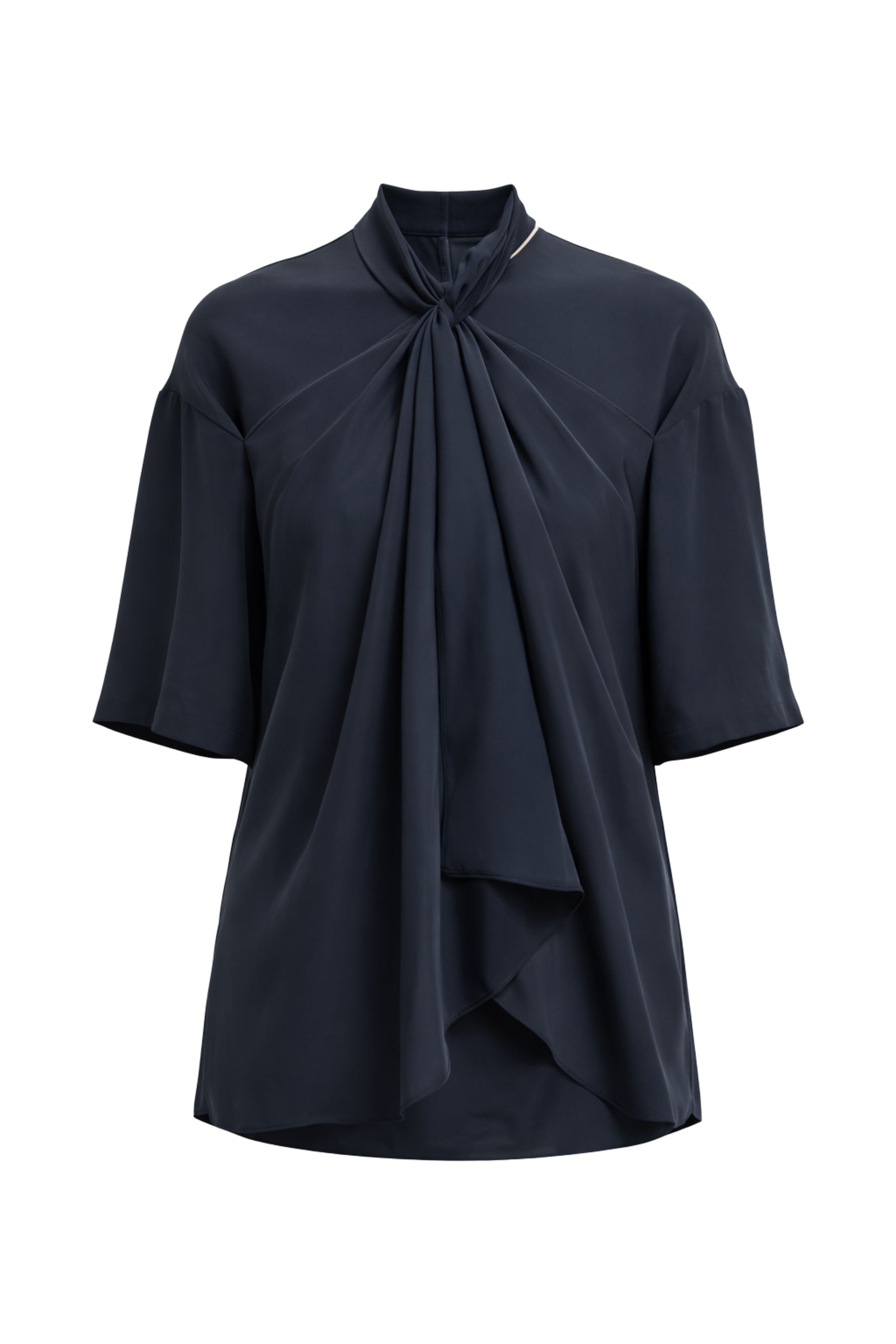4 Ply Silk Tie Front Top - Navy