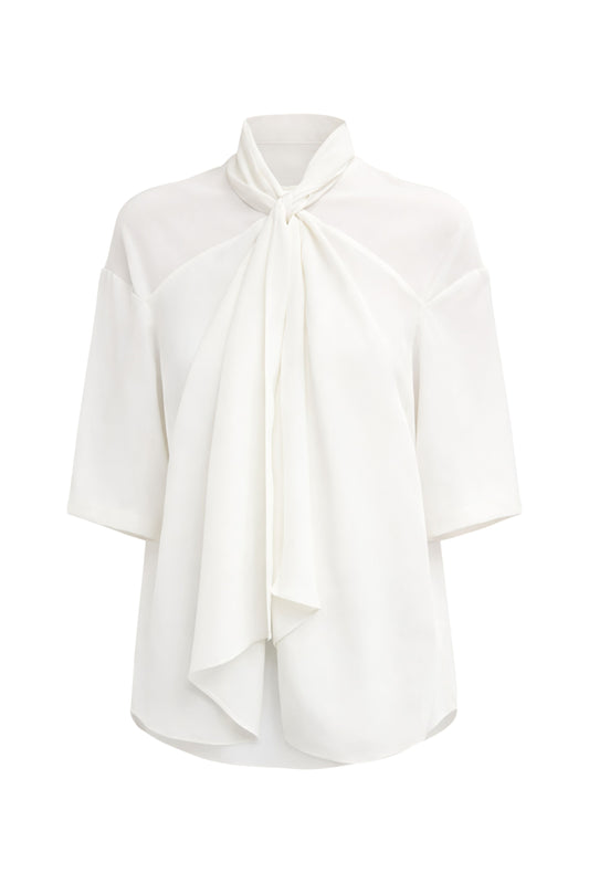 4 Ply Silk Tie Front Top - White