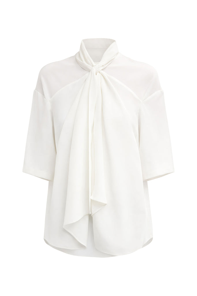 4 Ply Silk Tie Front Top - White