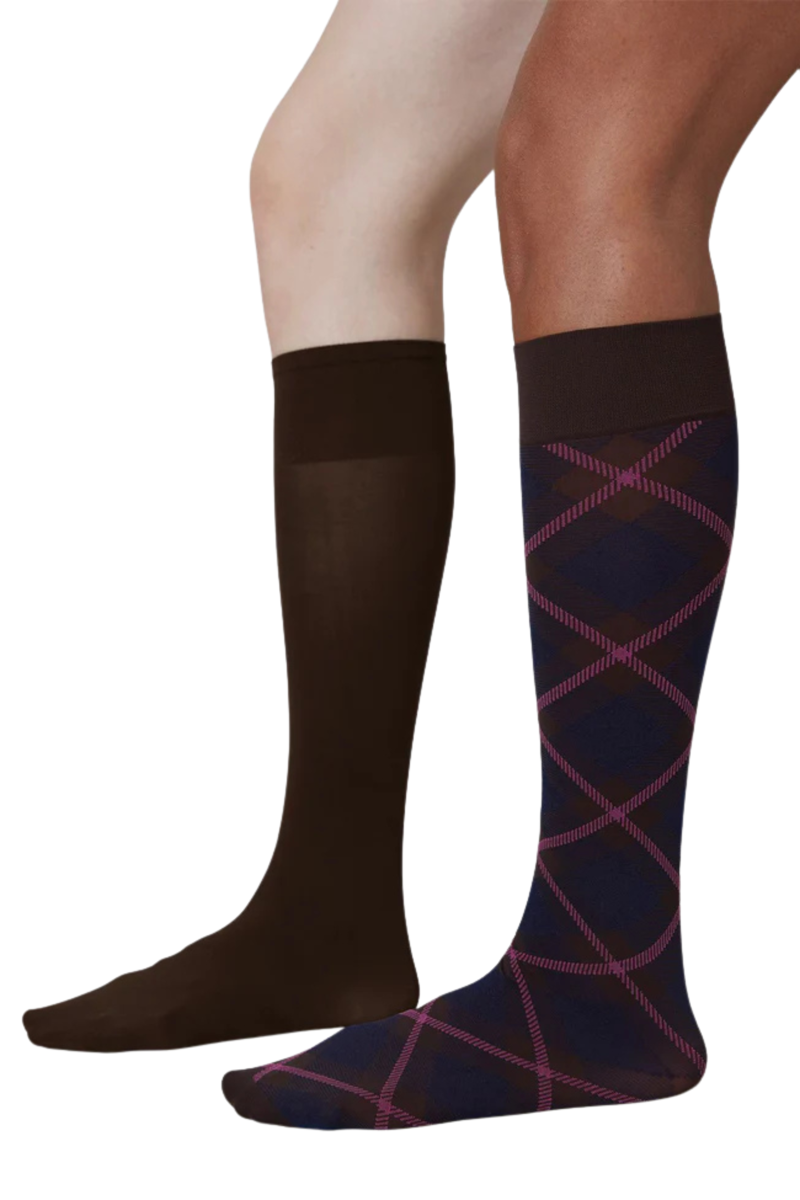 2-pack Franka Check & Solid Knee Highs - Dark Brown