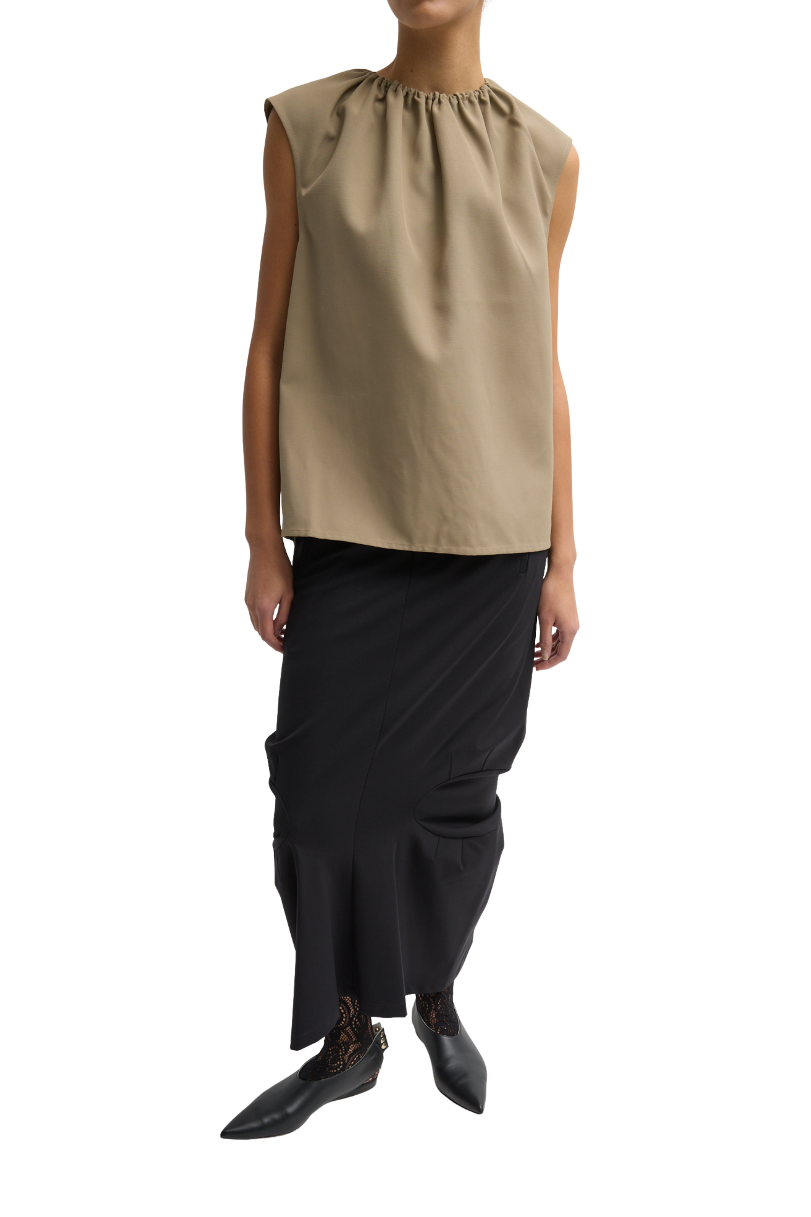 Lotte Nylon Shirred Neck Top - Khaki