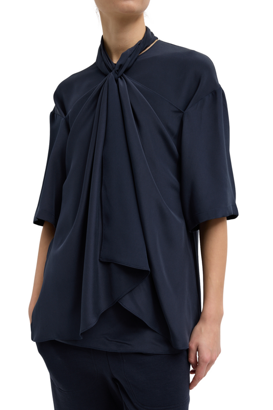 4 Ply Silk Tie Front Top - Navy