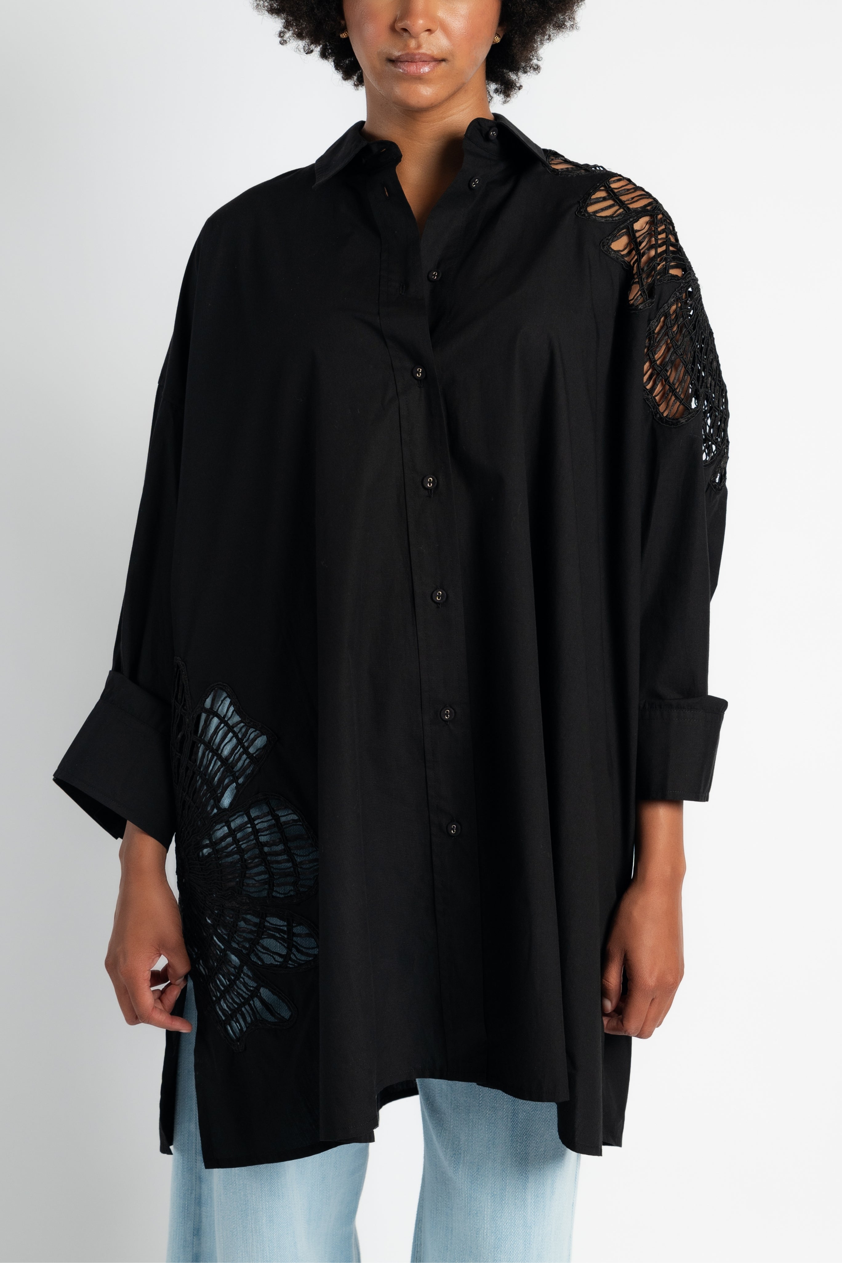 Botanical Flower Embroidery Shirt in Black