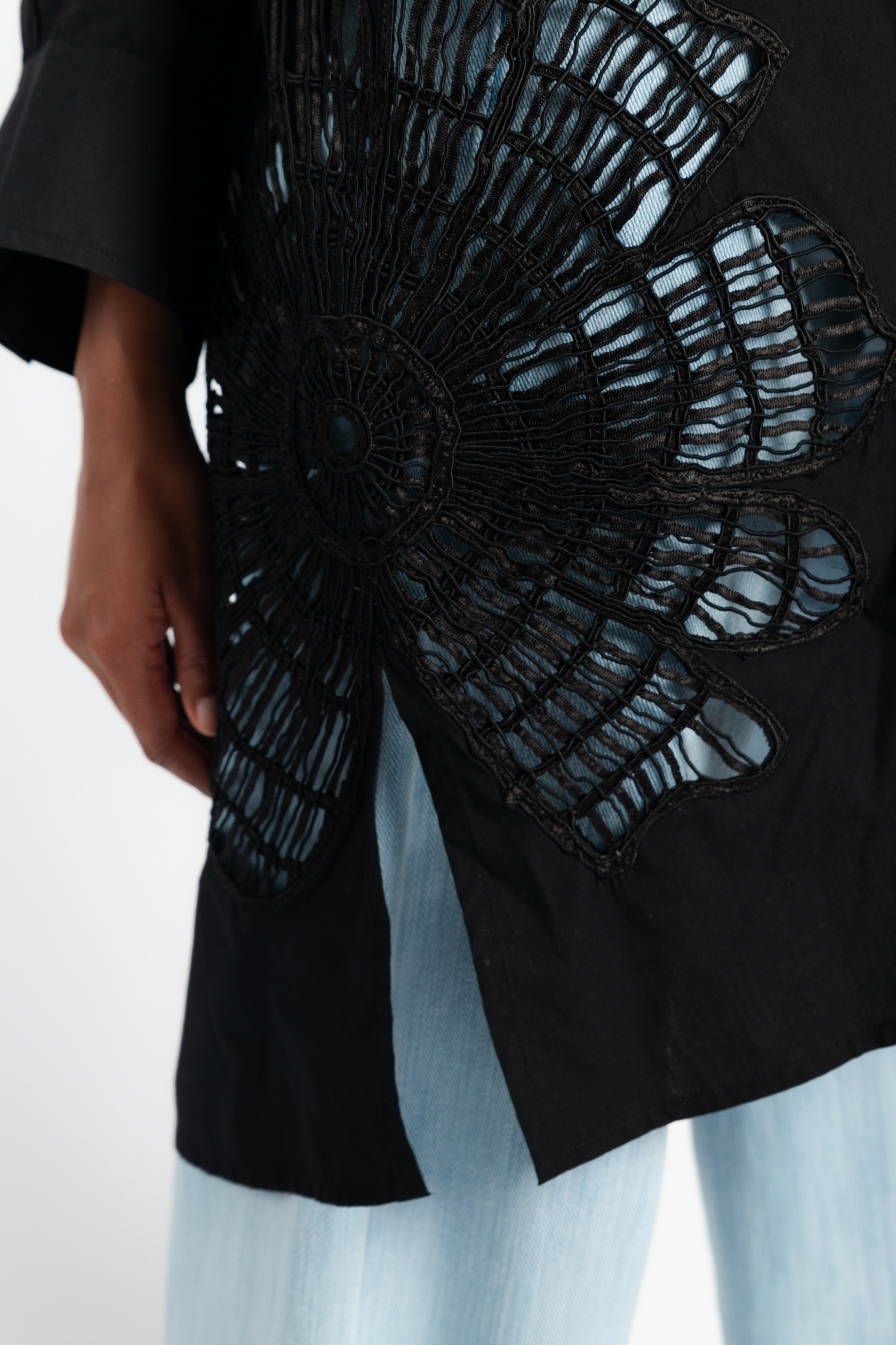 Botanical Flower Embroidery Shirt in Black