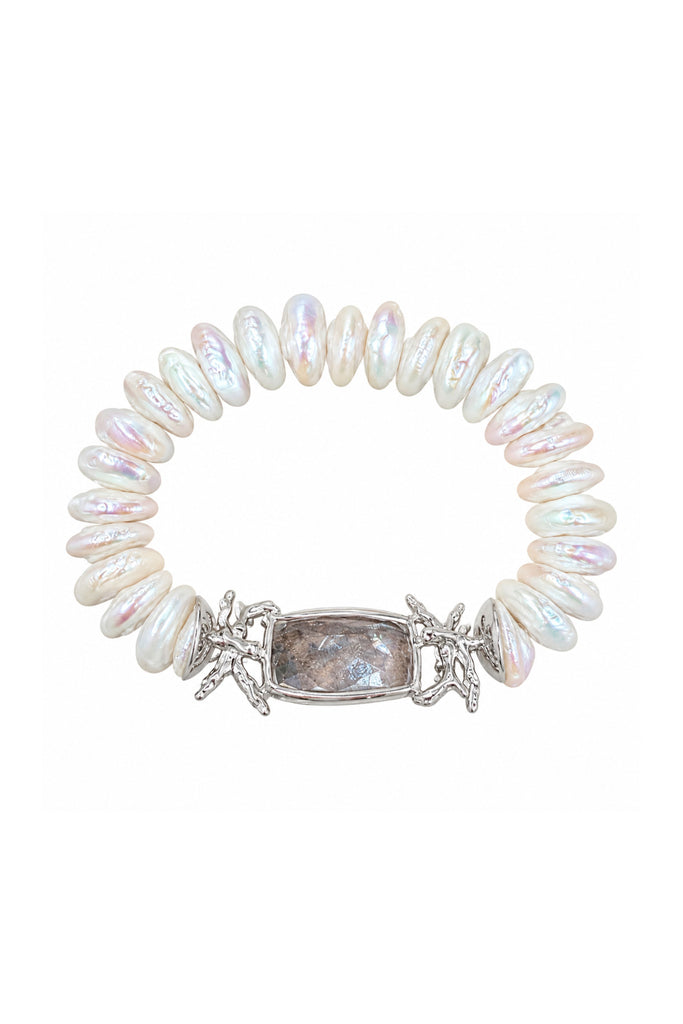 Exclusive - Coin Pearl Bracelet With White Topaz, Sterling Coral Accents On Elastic
