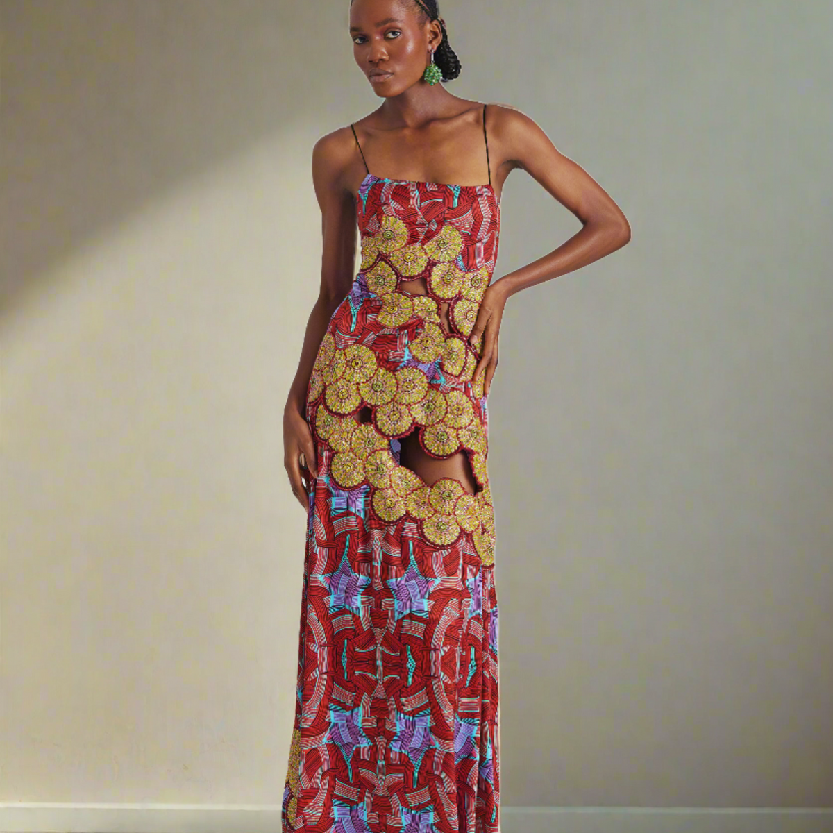 Printed Silk Cut Out Maxi Dress