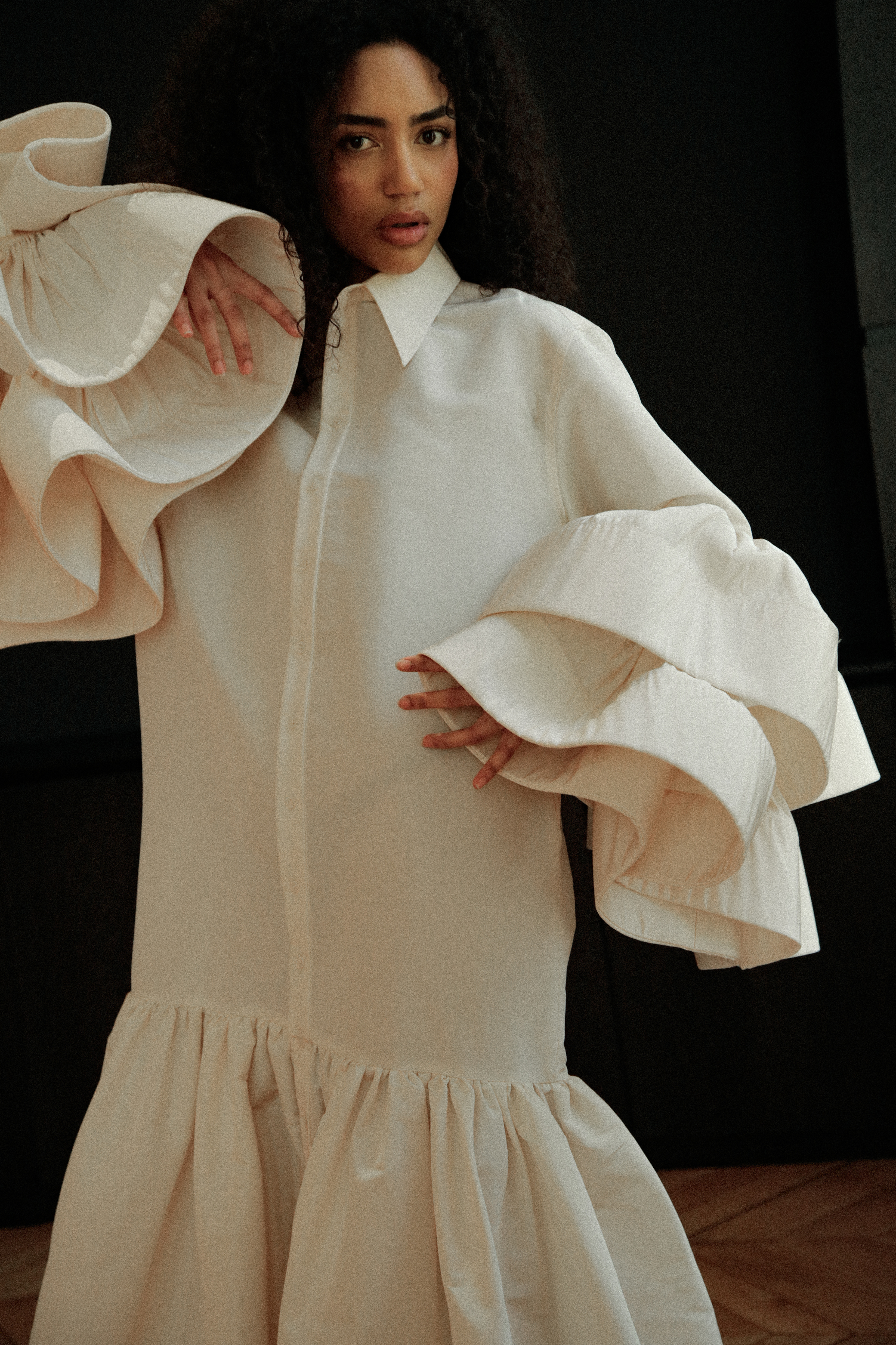 Silk Jumbo Ruffle Sleeve Colorblock Gown