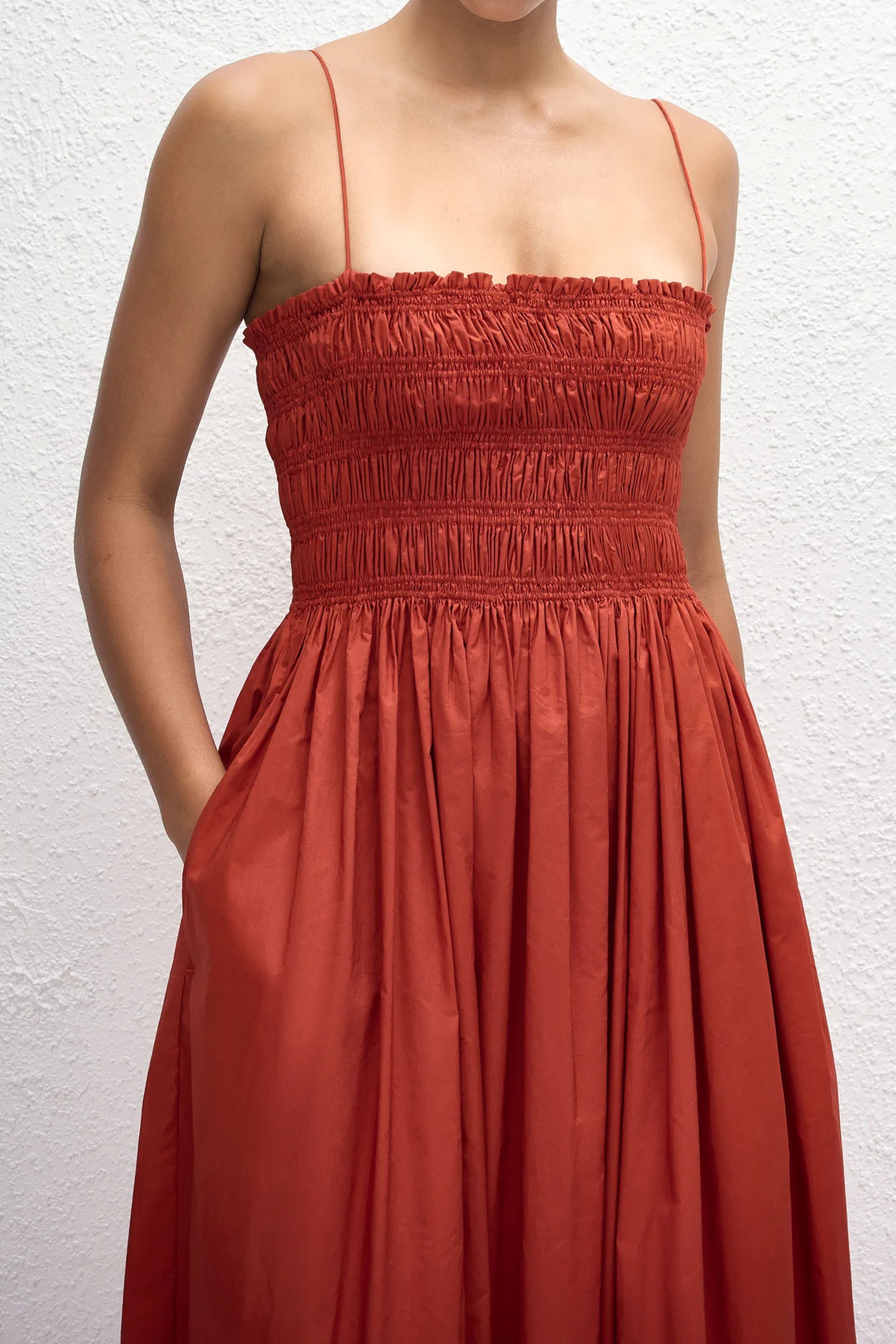Shirred Bodice Dress in Red
