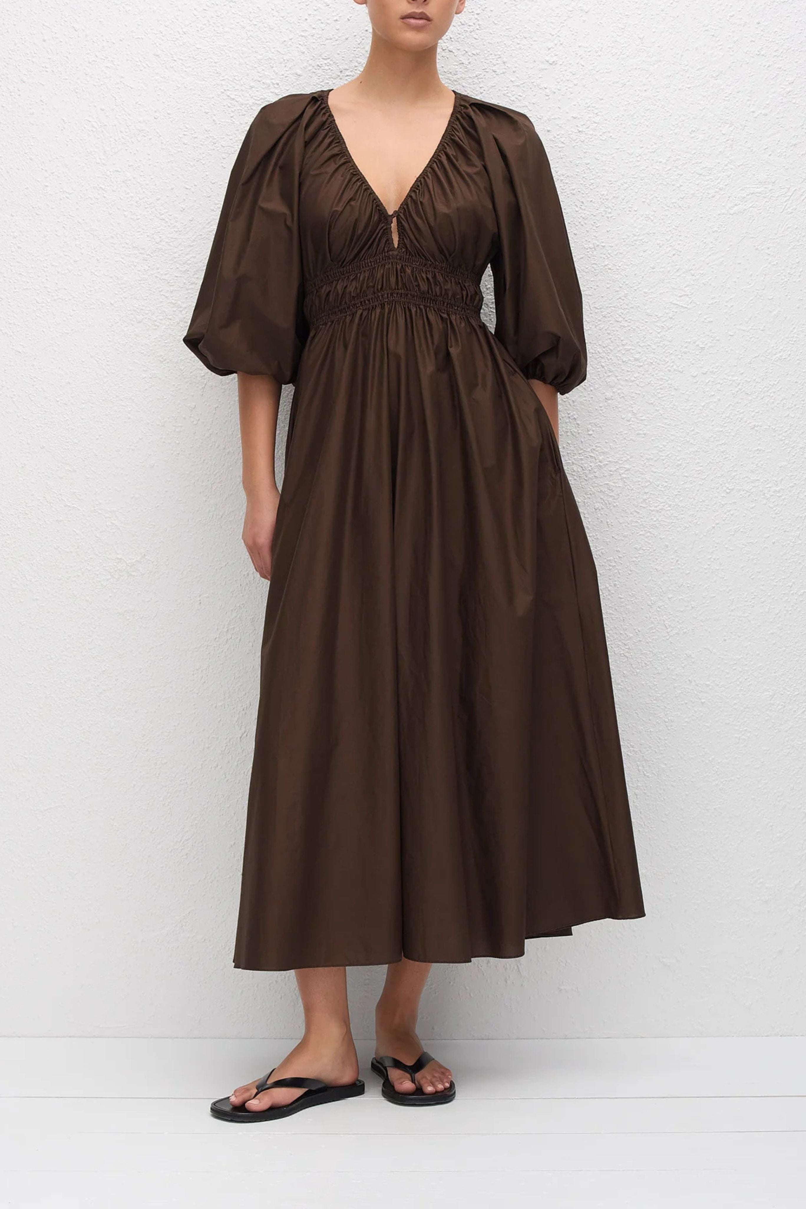 Shirred Plunge Button Dress