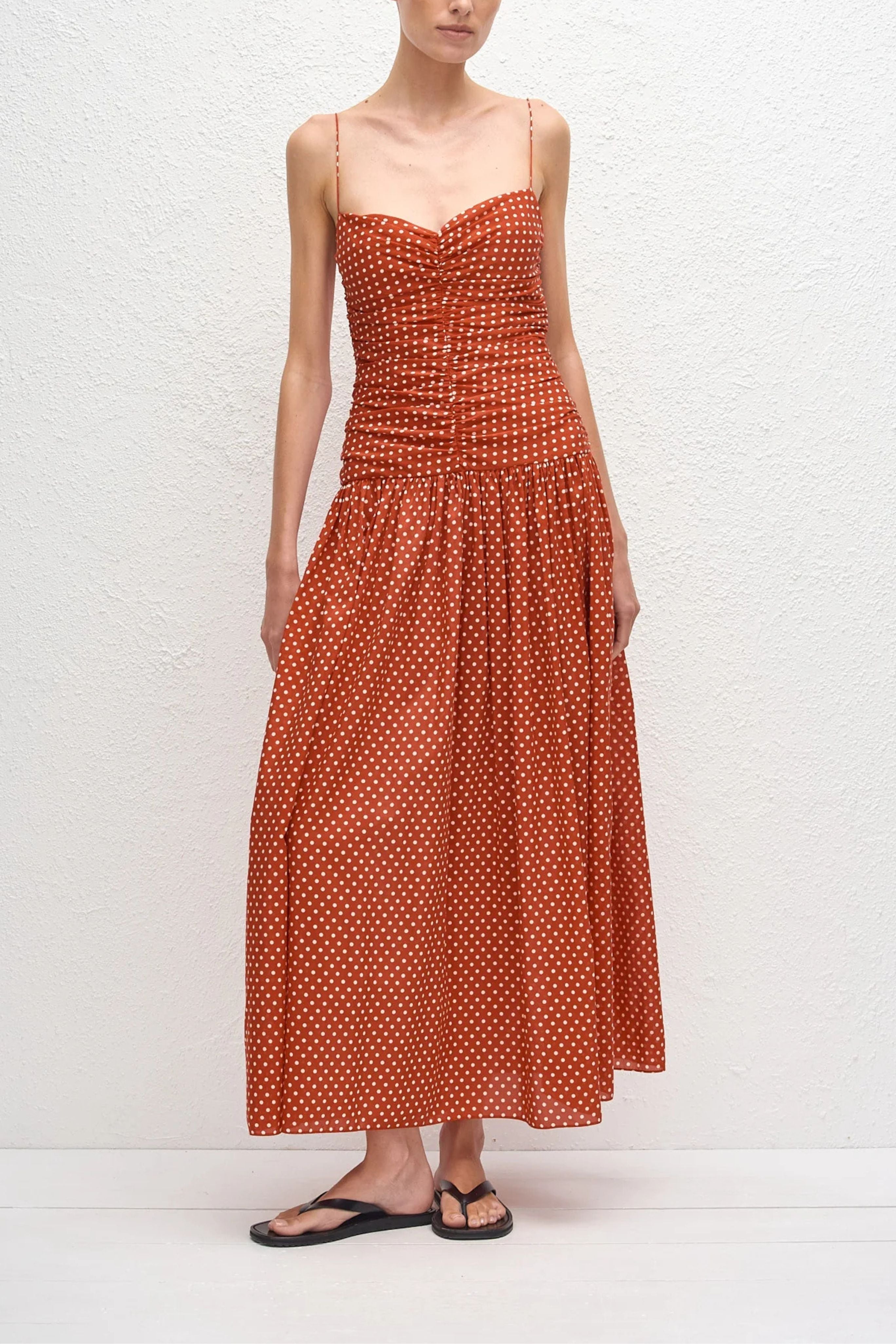 Gathered Drop Waist Dress in Red
