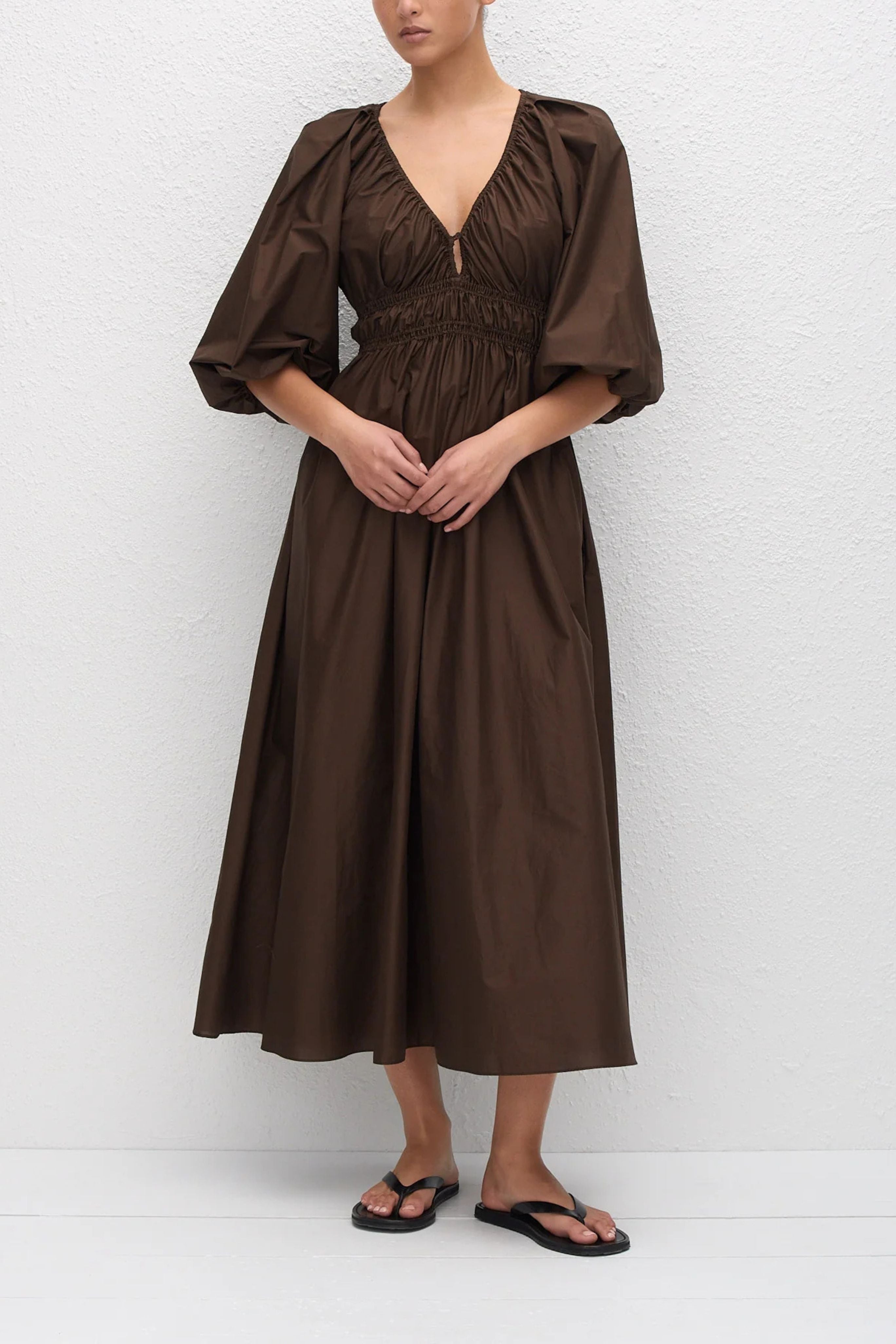 Shirred Plunge Button Dress