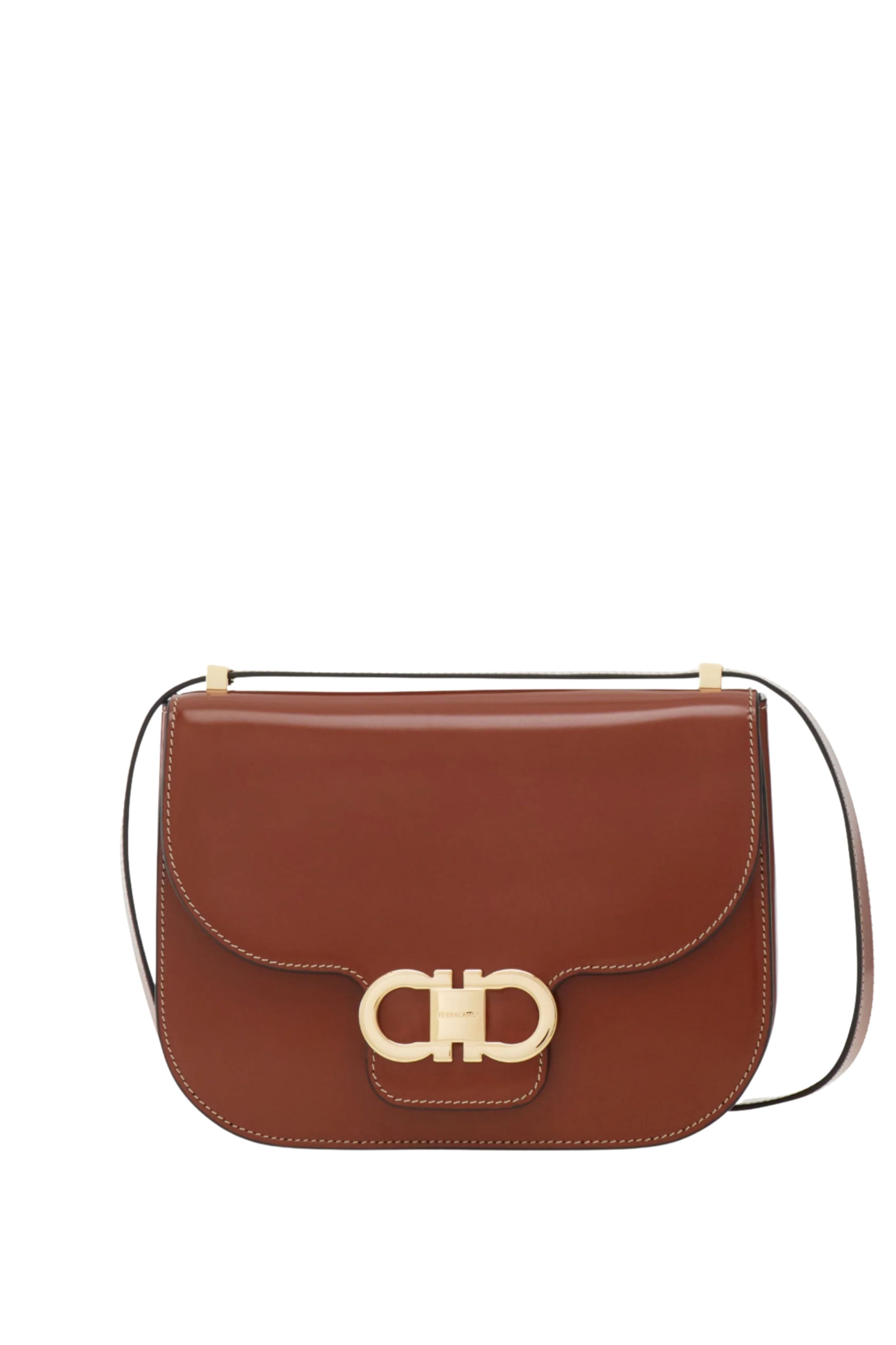 Double Gancio Smooth Shoulder Bag in Dark Cognac