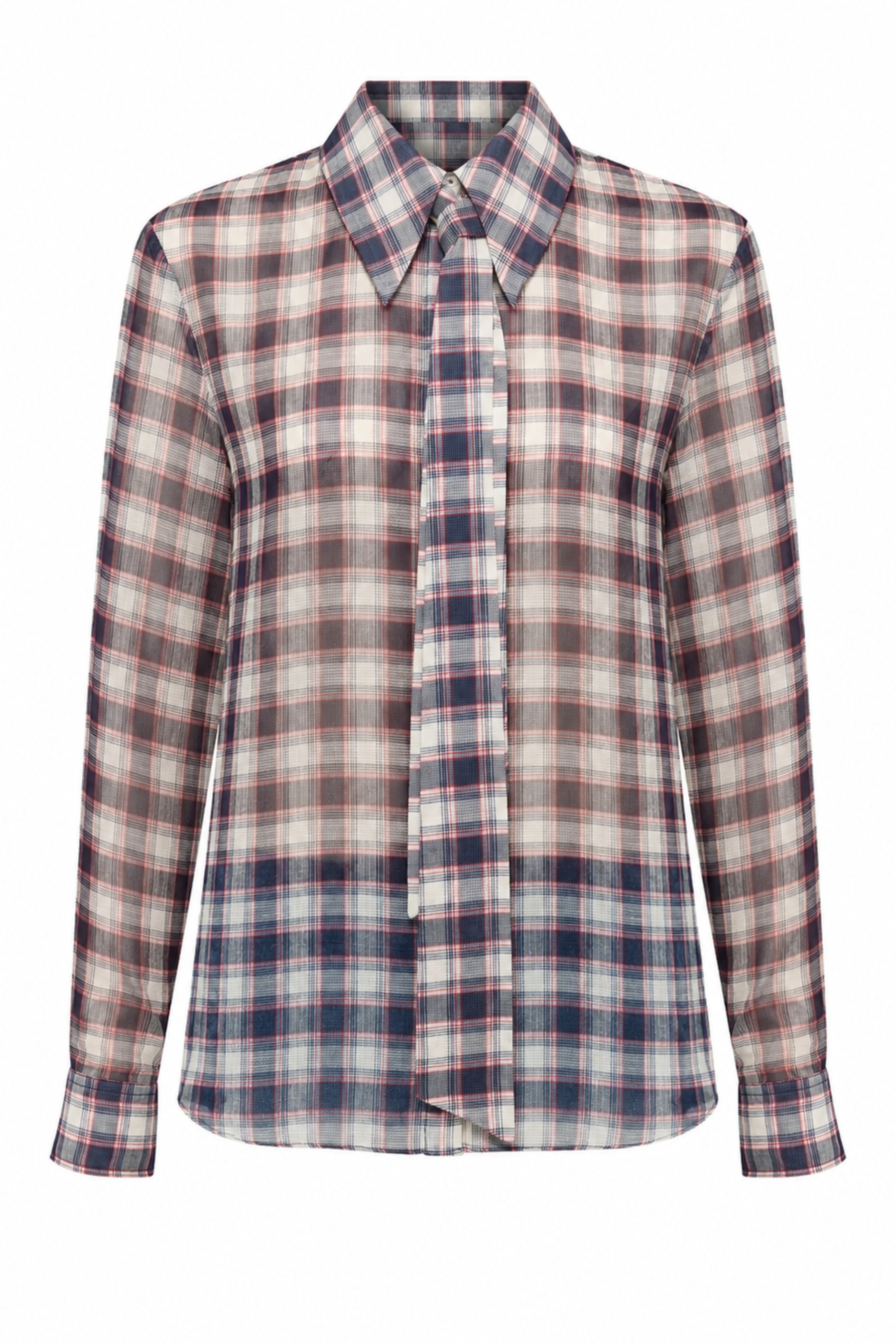 Silk Cotton Plaid Blouse With Removable Tie - Black/Red Multi